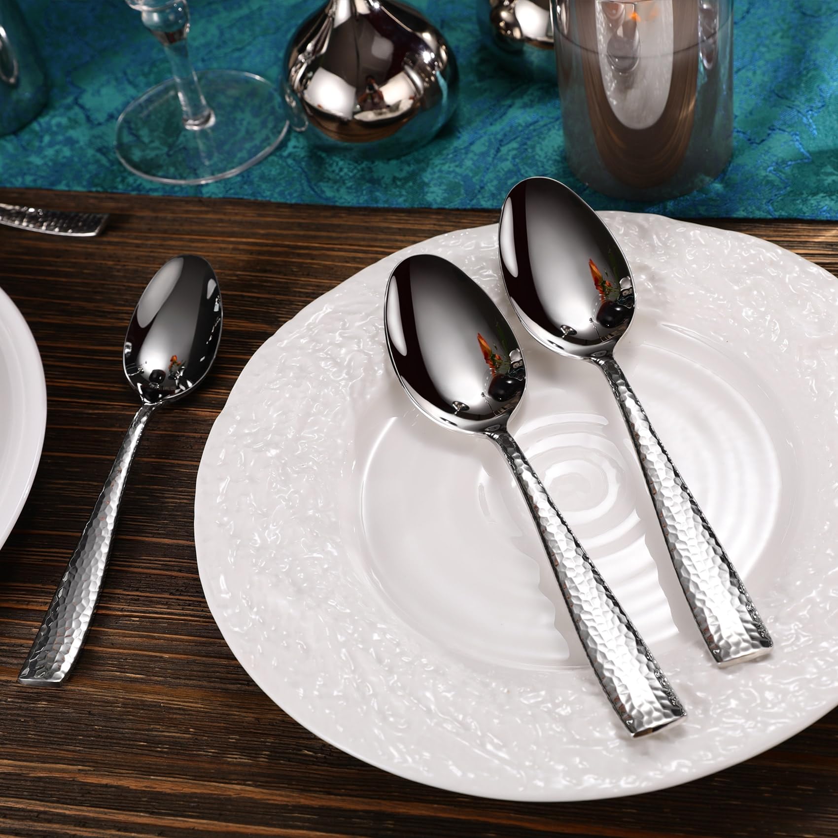 Keawell Premium Louis Hammered Serving Spoons, 18/10 Stainless Steel, Fine Spoon Set With Squared Edge, Dishwasher Safe, Silver
