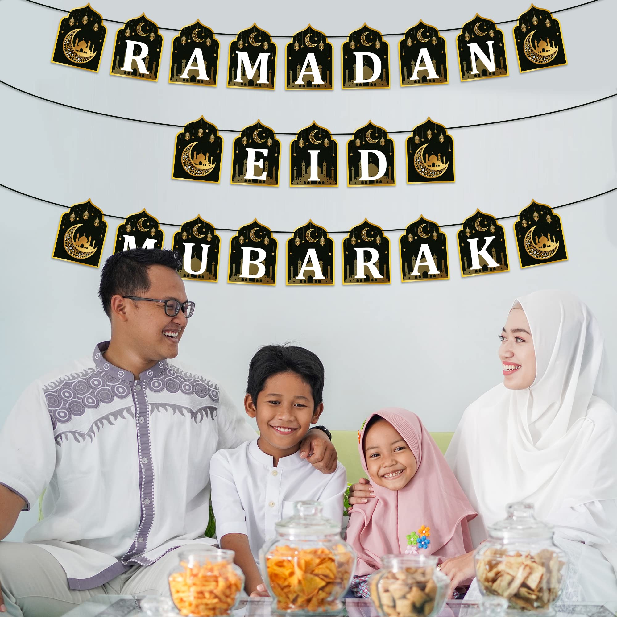 Watinc 2 In 1 Ramadan Banner Eid Mubarak Decoration, Ramadan Kareem Hanging Banners Decor, No Diy Needed Eid Al-Fitr Iftar Party