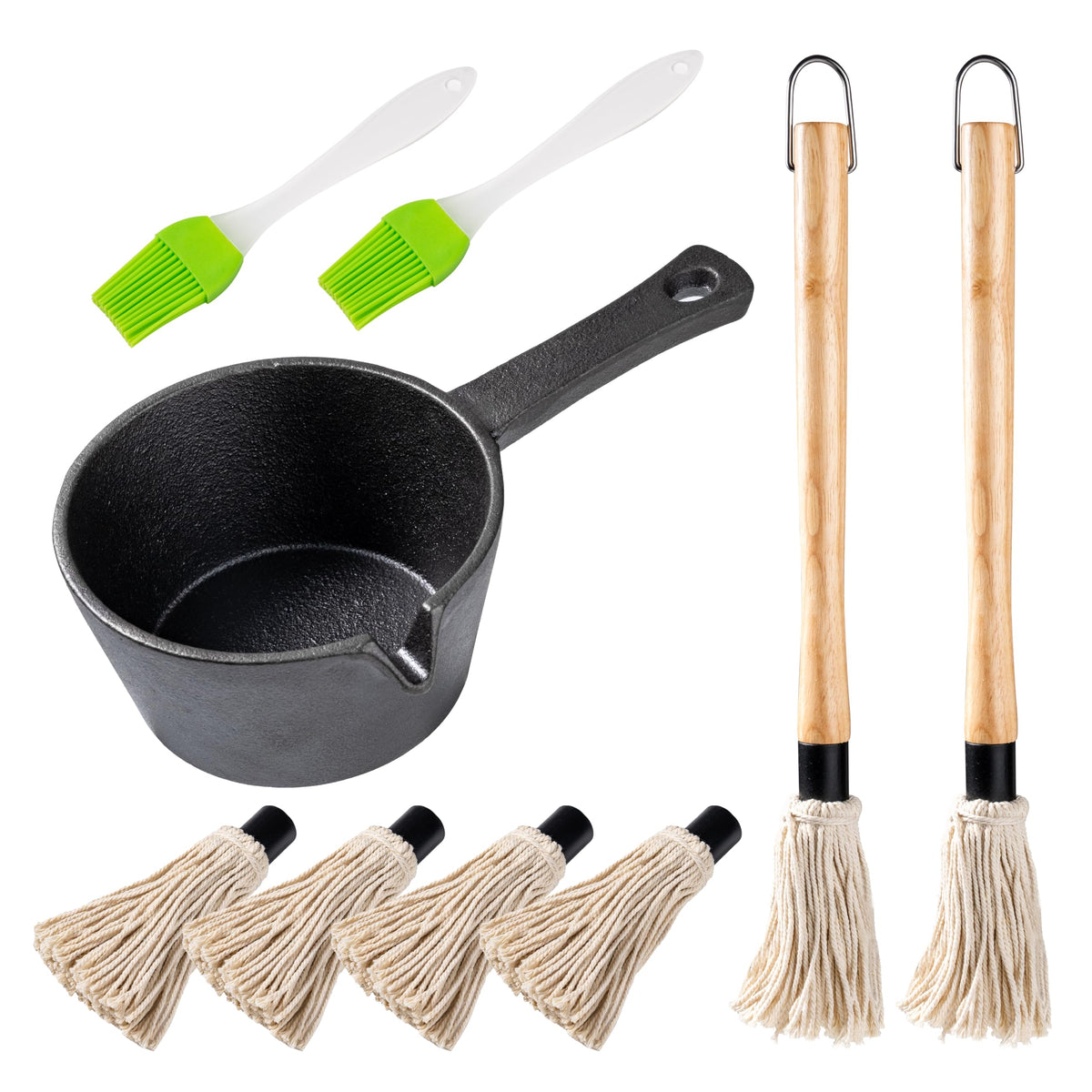 Bbq Mop Brush And Cast Iron Sauce Pot Set, 11-In-1 Value Pack Includes 2Pcs Wooden Long Handle, 6 Brush Heads, 1 Cast Iron Bbq P