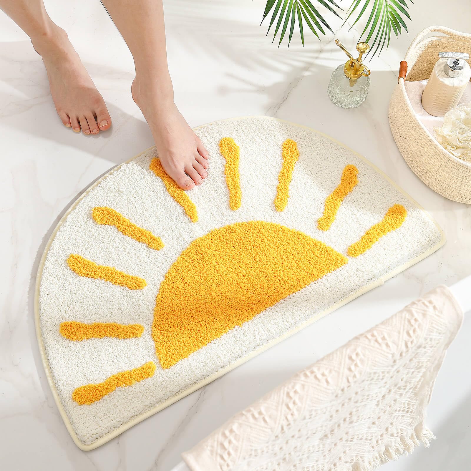 Bathroom Rugs Mat Half Circle - Cute Sun Fun White Yellow Boho Bath Mats Non Slip, Soft Absorbent Microfiber Bohemian Rug, Semi