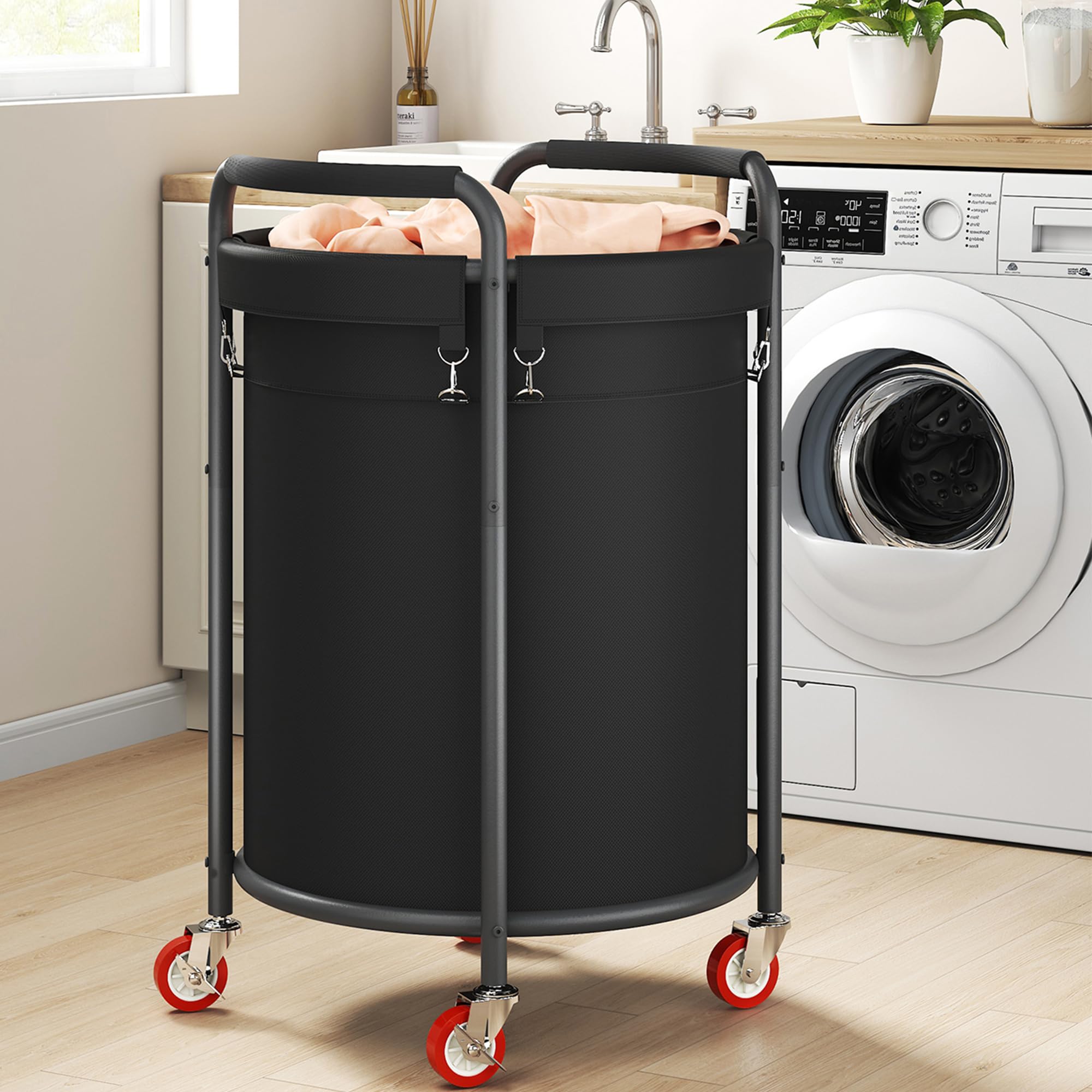 Laundry Basket With Wheels, Rolling Laundry Hamper, 50 Gal. (190L), Round Laundry Sorter Cart With 4 Casters, Removable Liner, S