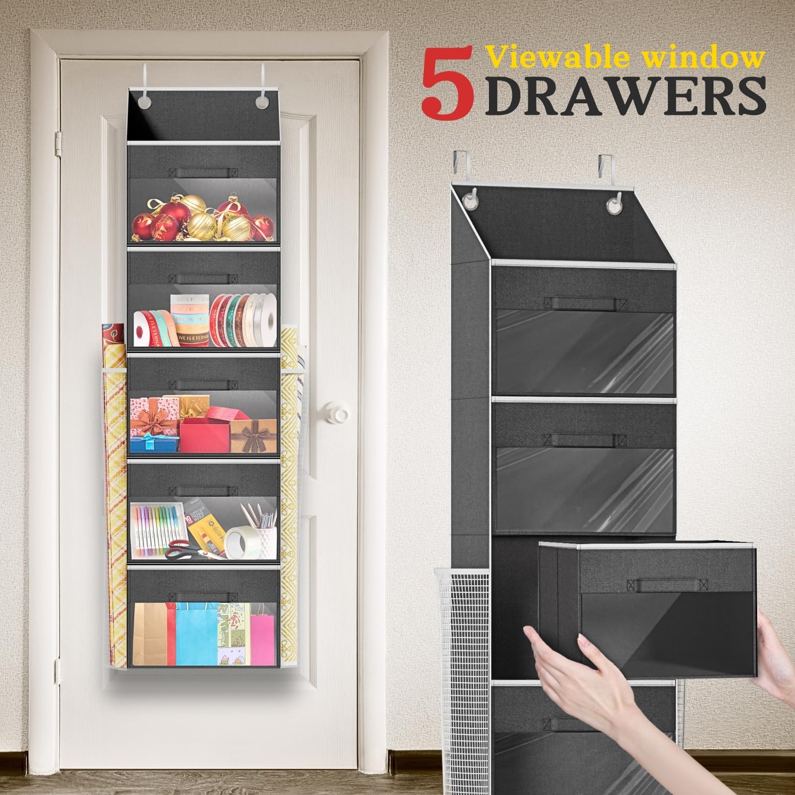 Ofiray-home Over Door Wrapping Paper Organizer Storage with 5 Removable Drawers & 2 Large Side Pockets for Gift Wrap Rolls Wrap