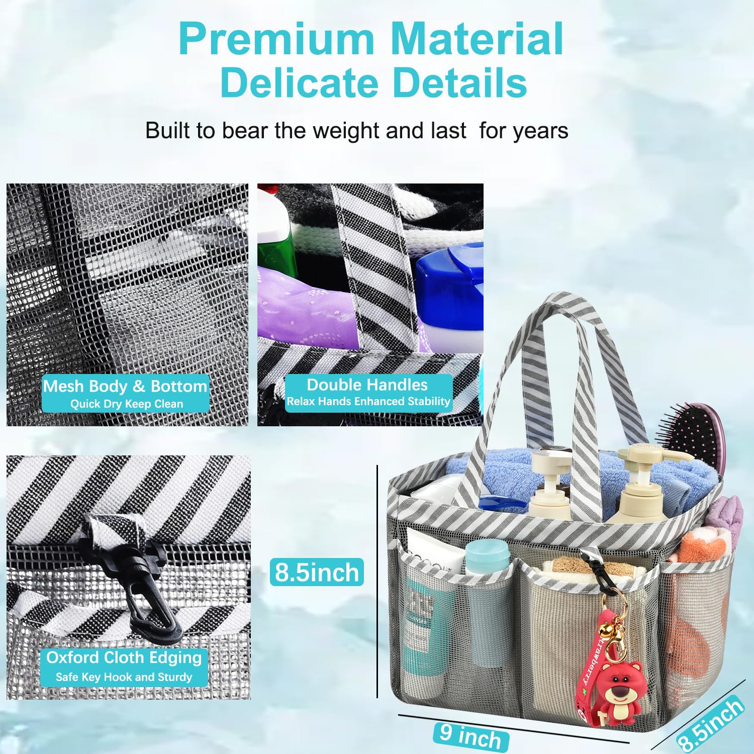 Haundry Mesh Shower Caddy Bag  Portable College Dorm Bathroom Tote  Quick Dry Holder for Camp Gym  8 Basket Pockets with Key Hook and 2 Oxford Handles  Gray