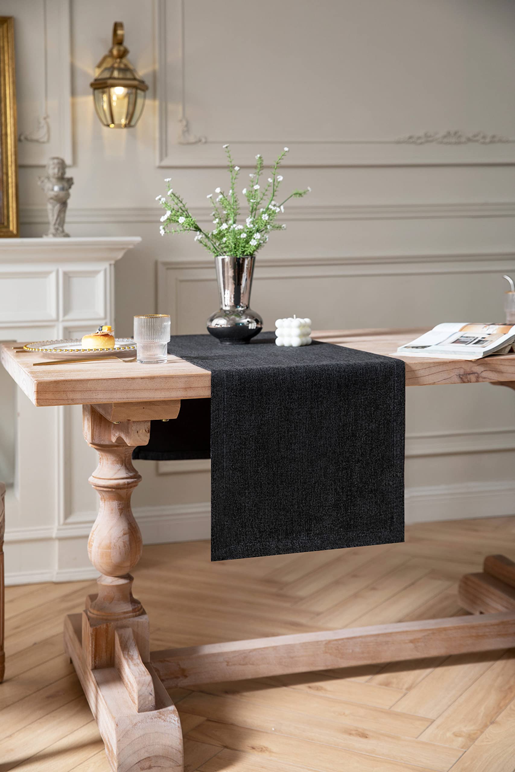 Zeemart Burlap Style Farmhouse Table Runners 108 Inches Long, Black Rustic Woven Dining Table Runner For Everyday Use, 14X108 In