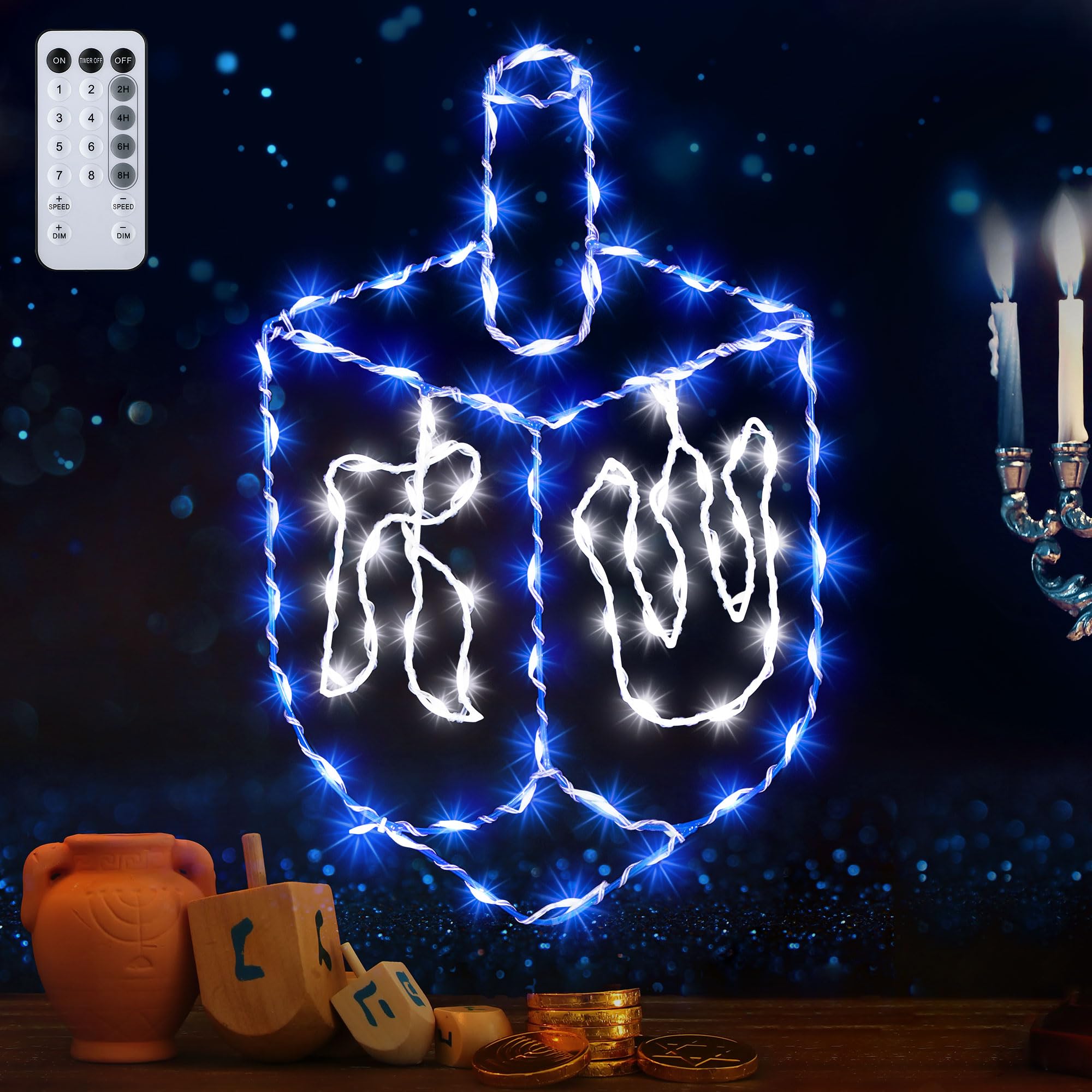 Hiboom Hanukkah Decorations Window Lights, Blue Chanukah Dreidel Lights Decorations, USB Powered Remote Control 8 Modes with Tim