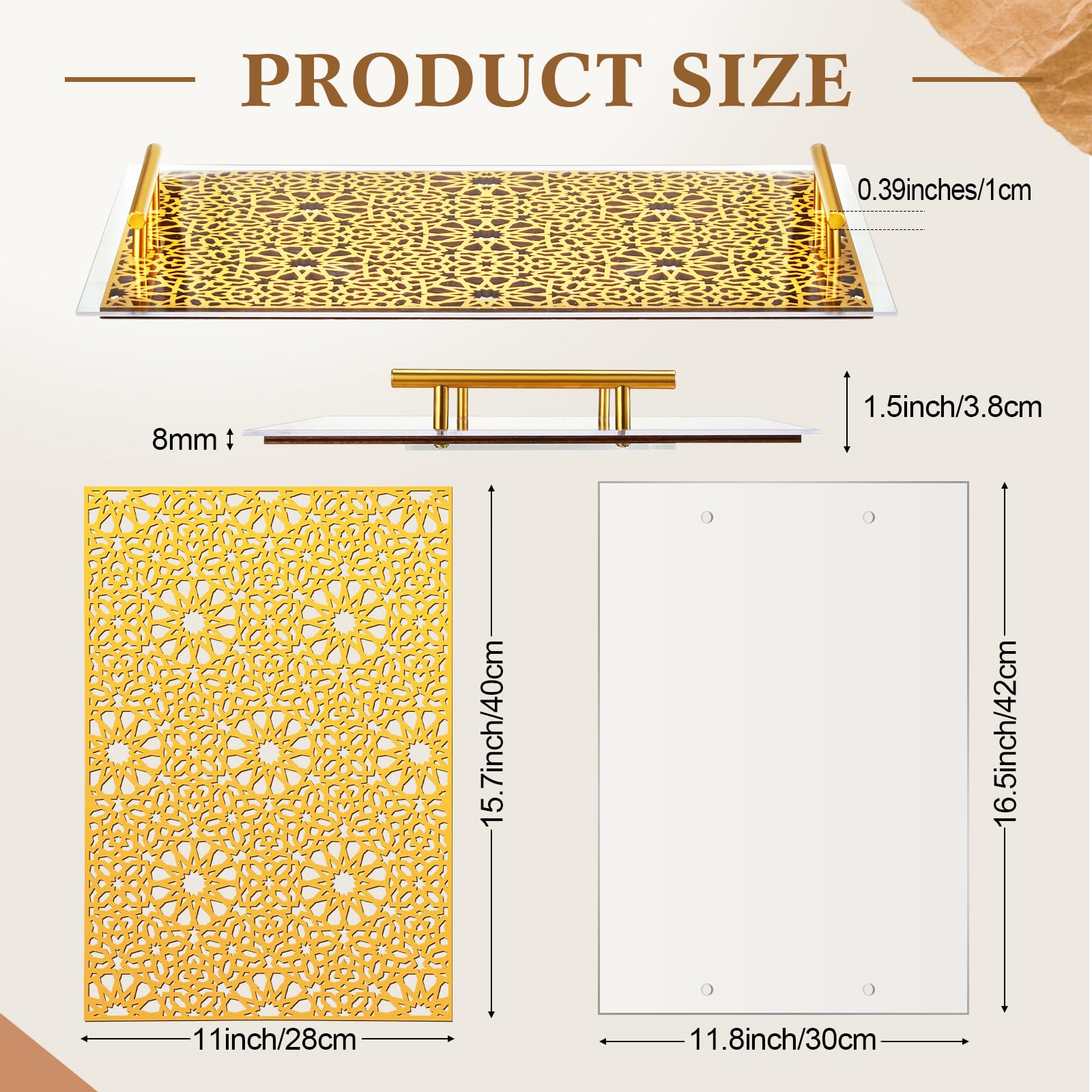 Silifine Ramadan Serving Trays, 17'' X 12'' Decorative Gold Serving Trays With Handles, Home Rectangle Food Serving Trays For Co