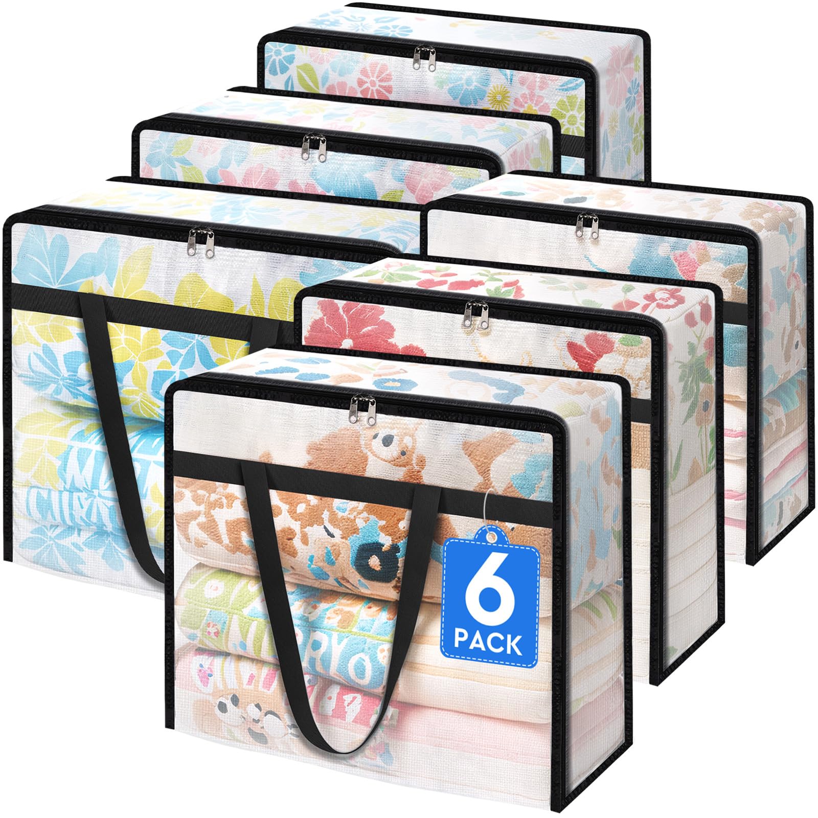TasticTotes 6 Pack Clear Storage Bags for Comforter, Clothes & Bedding, Plastic Blanket Storage with Zipper and Handle, Moving B