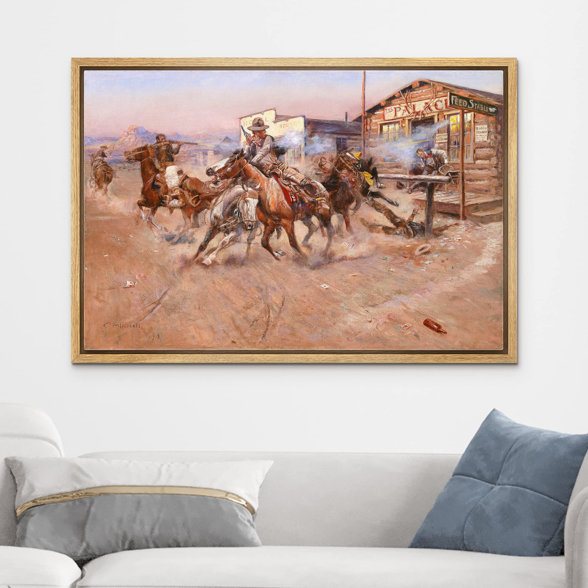 Wall26 - Smoke By Charles Marion Russell - Framed Canvas Print Wall Art Famous Painting Reproduction - 16''X24'' Natural
