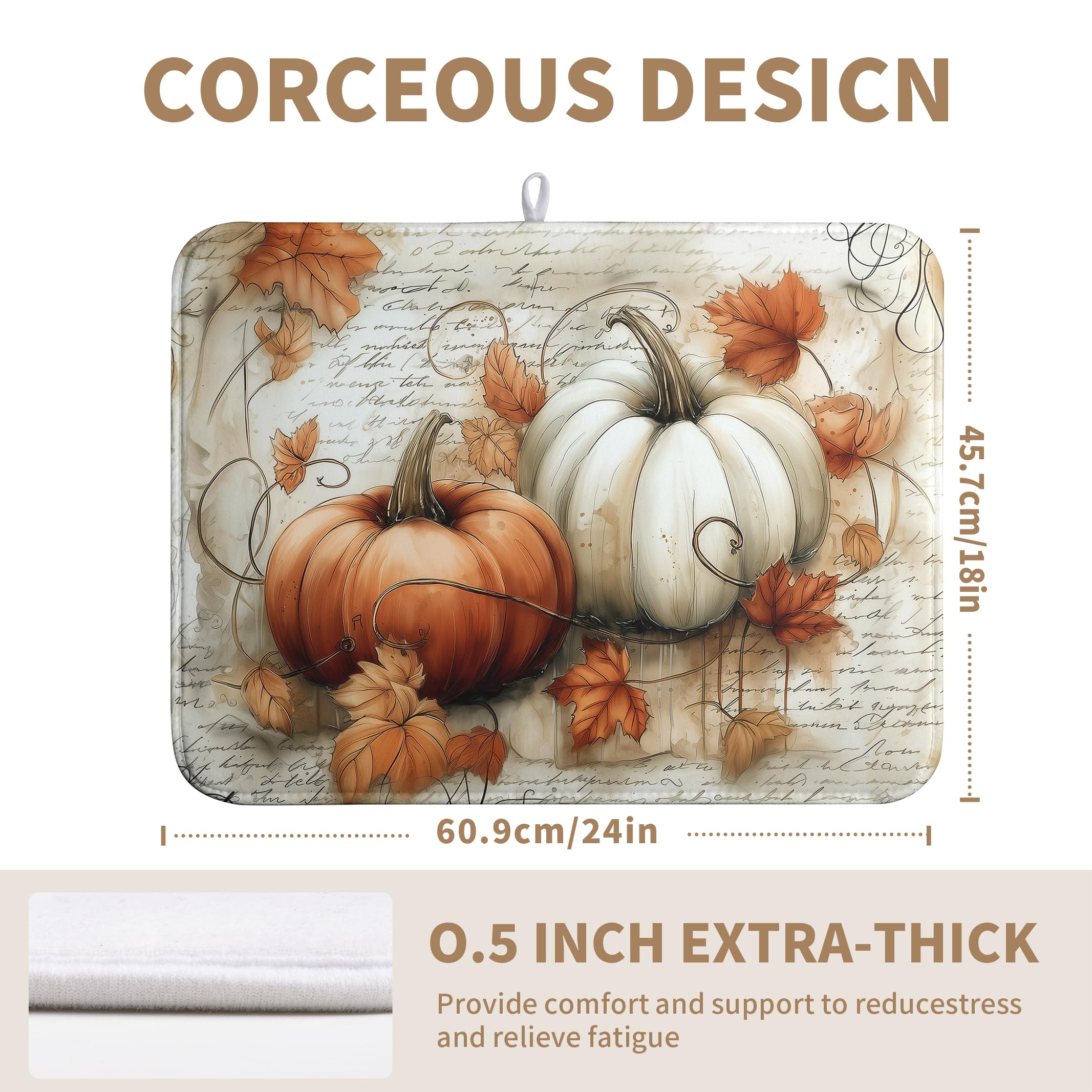 Fall Dish Drying Mat for Kitchen Counter Autumn Thanksgiving Orange White Pumpkin Drying Mats Vintage Maple Leaves Holiday Dish