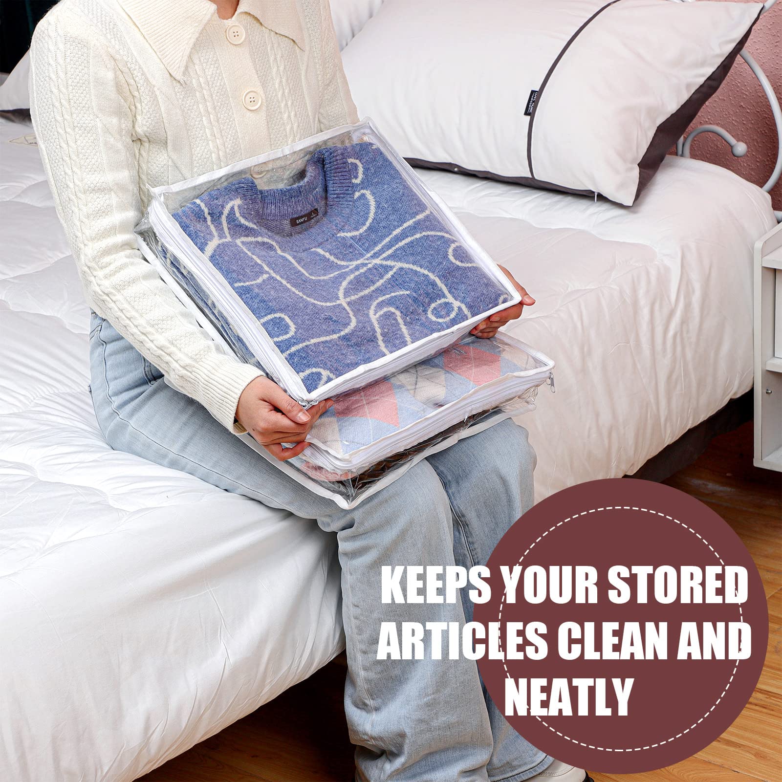 Hoolerry 6 Pieces Sweater Storage Bags Moth Proof Clear PVC Plastic Clothes Storage Bags with Zipper and Label for Blankets Clot