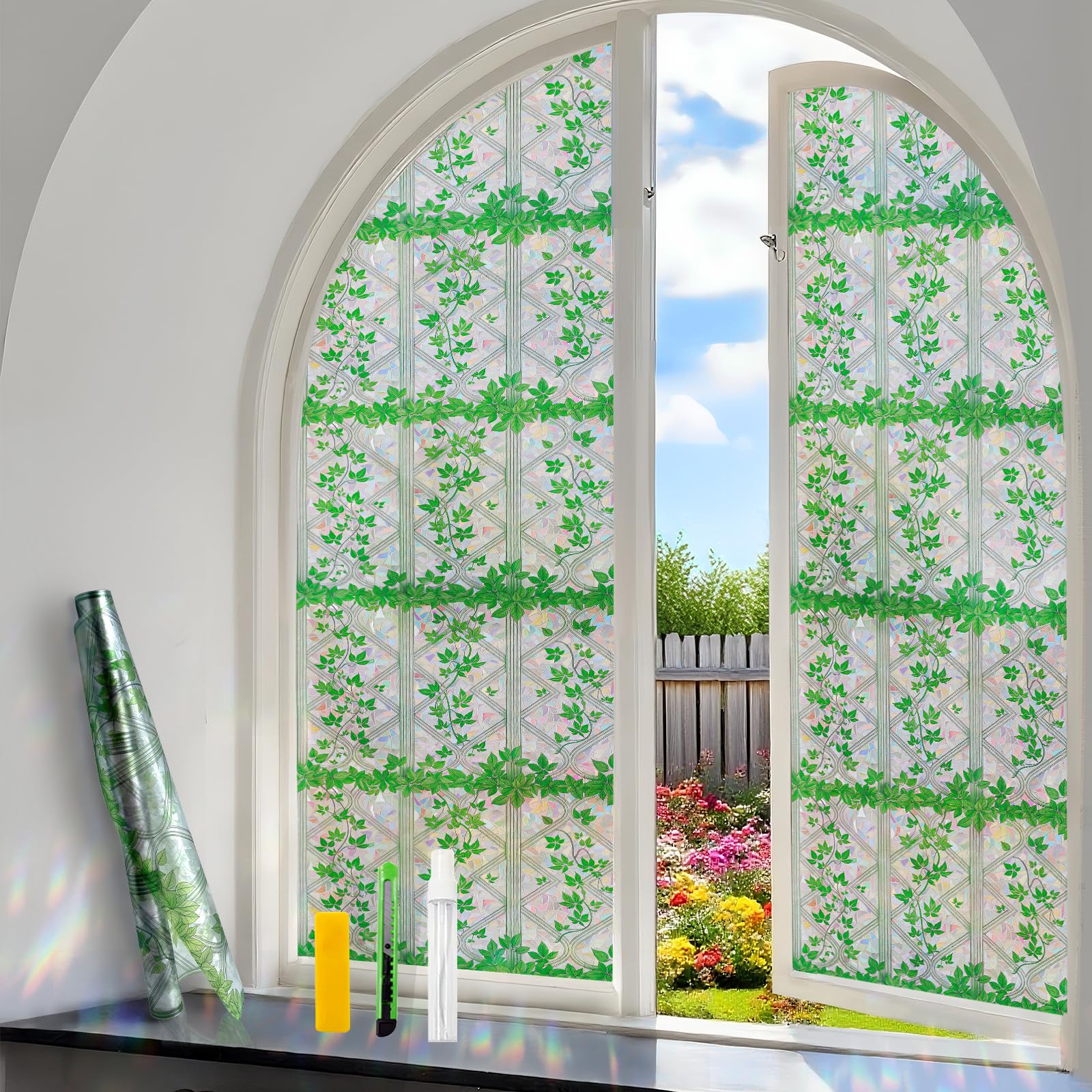 COUNTEWOL 3D Rainbow Stained Glass Window Film with Green Plants Static Cling No Adhesive Privacy Decor for Home Office (Rainbow