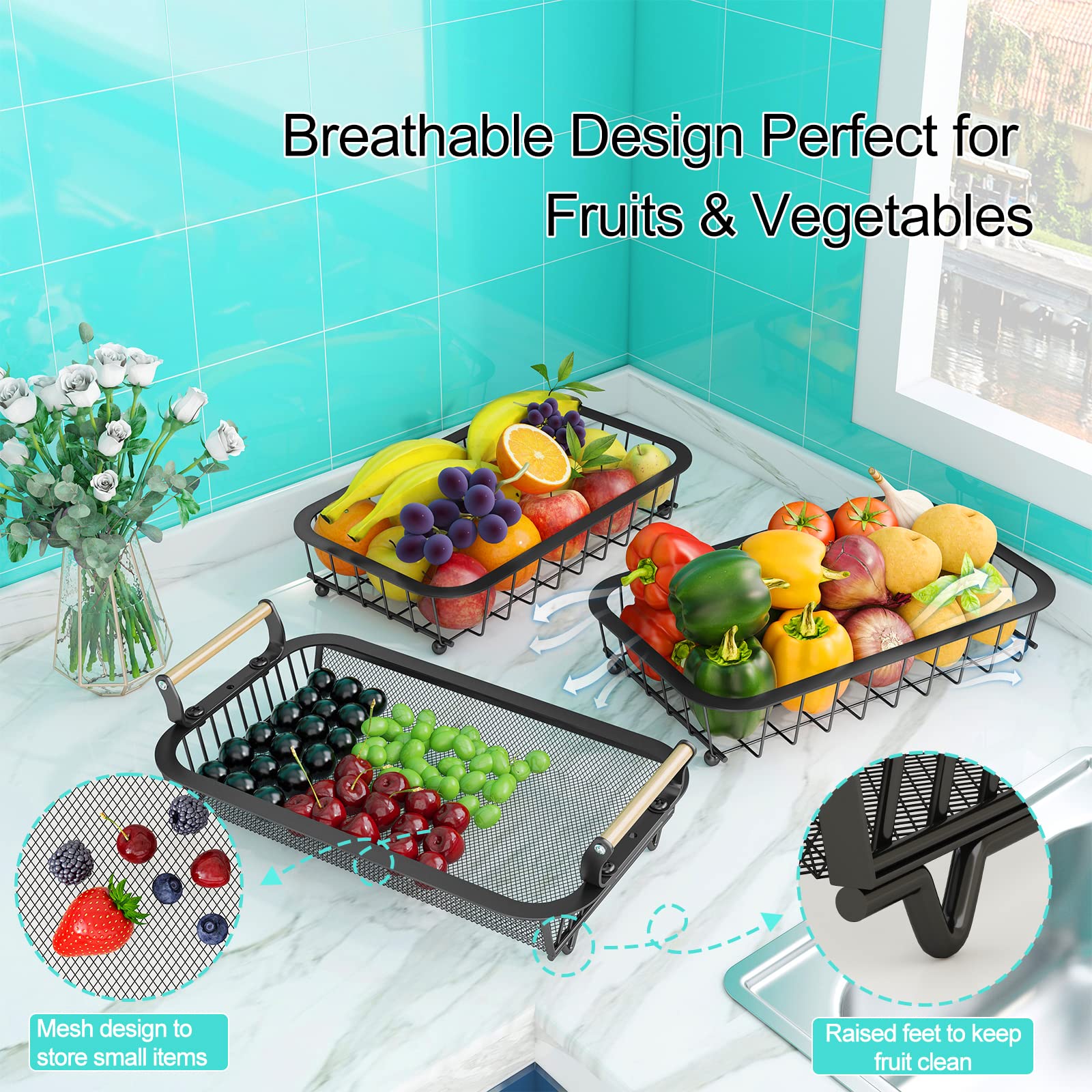 3 Tier Fruit Basket Bowl With 2 Banana Hangers For Kitchen Counter, Vegetable Countertop Produce Storage Holder, Large Capacity