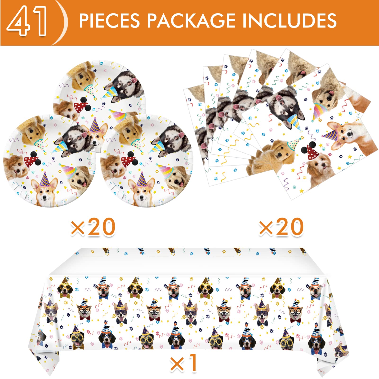 Juhap 41 Pieces Dog Birthday Party Supplies  Puppy Party Tableware for Kids Party Decorations Includes 20 Plates 20Napkins and 1 Tablecloth for Puppy Theme Party Supplies