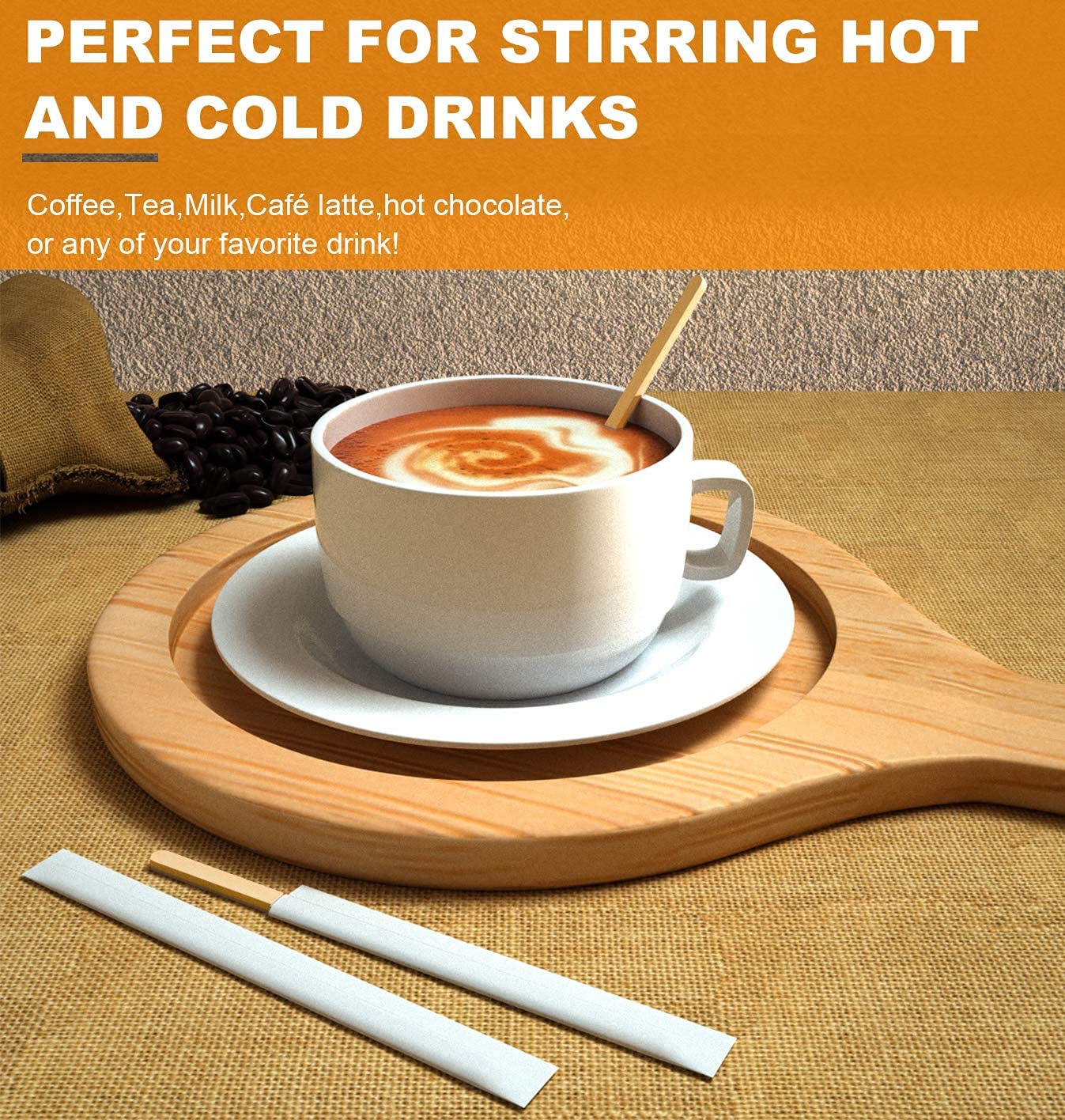 Amkoskr 5  1000Pcs Disposable Wood Coffee Stir Sticks Stirrers Individually Paper Wrapped Coffee Tea Beverage Stirrers Stirrings