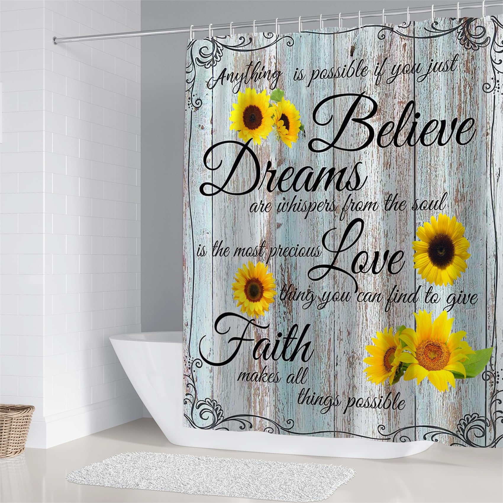 Azhm 4Pcs Farmhouse Shower Curtain Sets Sunflower Bathroom Decor Set Inspirational Quotes Bathroom Curtain Shower Set With Rugs