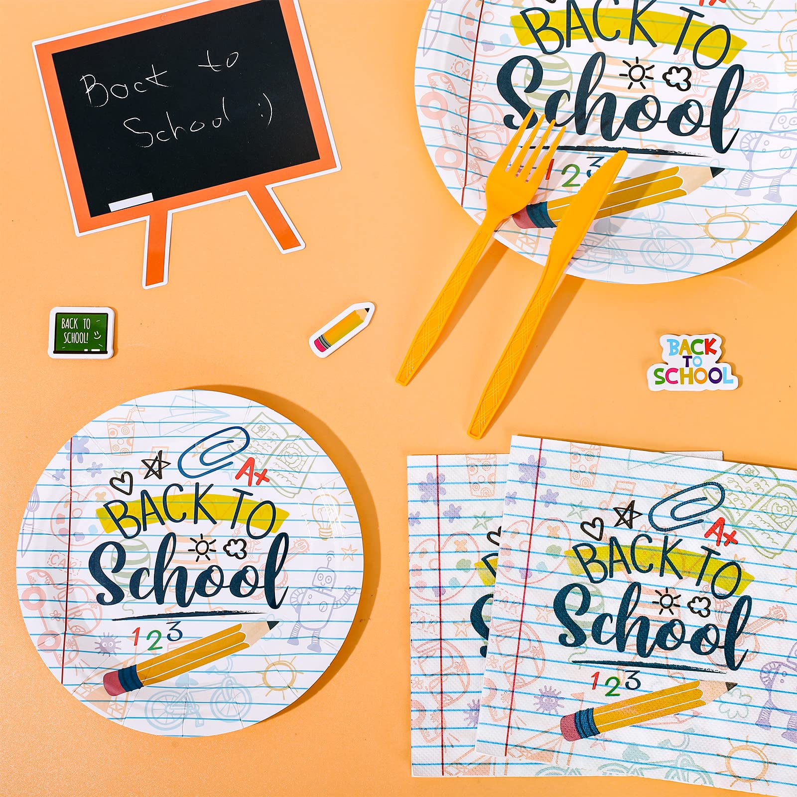 Whaline Back To School Tableware Set Homework Pencil Prints School Season Disposable Dinnerware Set 50Pcs Paper Plates 25Pcs Lun