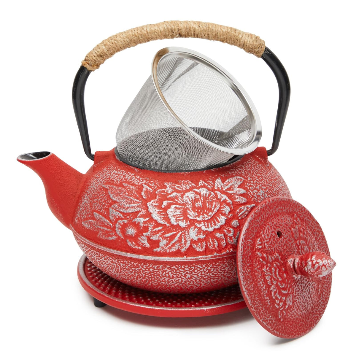 Juvale 3 Piece Set White Japanese Cast Iron Teapot - Loose Leaf Tetsubin With Handle, Stainless Steel Infuser, And Trivet (27 Oz