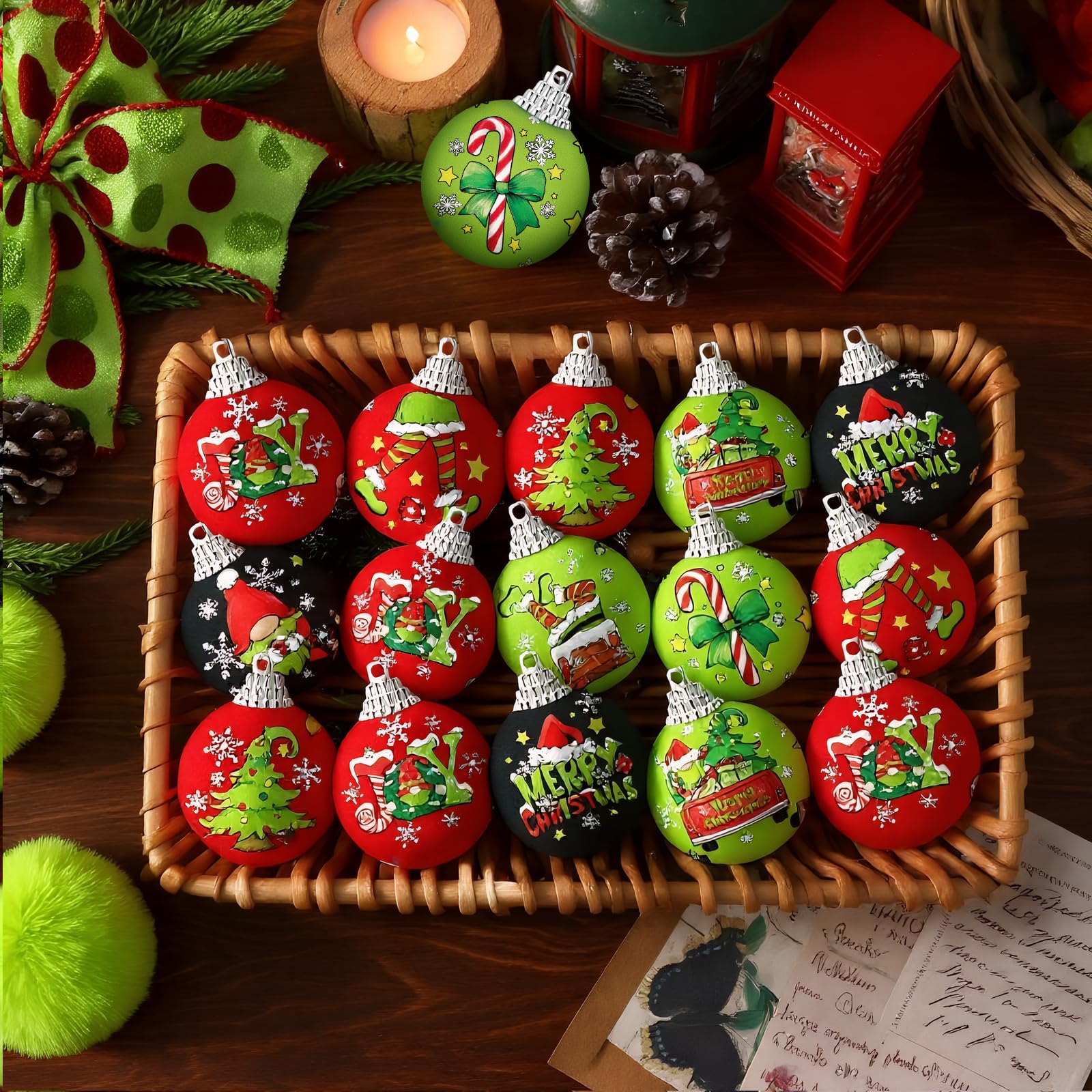 Outus 16 Pcs Christmas Ball Ornaments for Tree Red and Green Merry Christmas Hanging Ornaments Xmas Elf Balls for Tree Decoratio