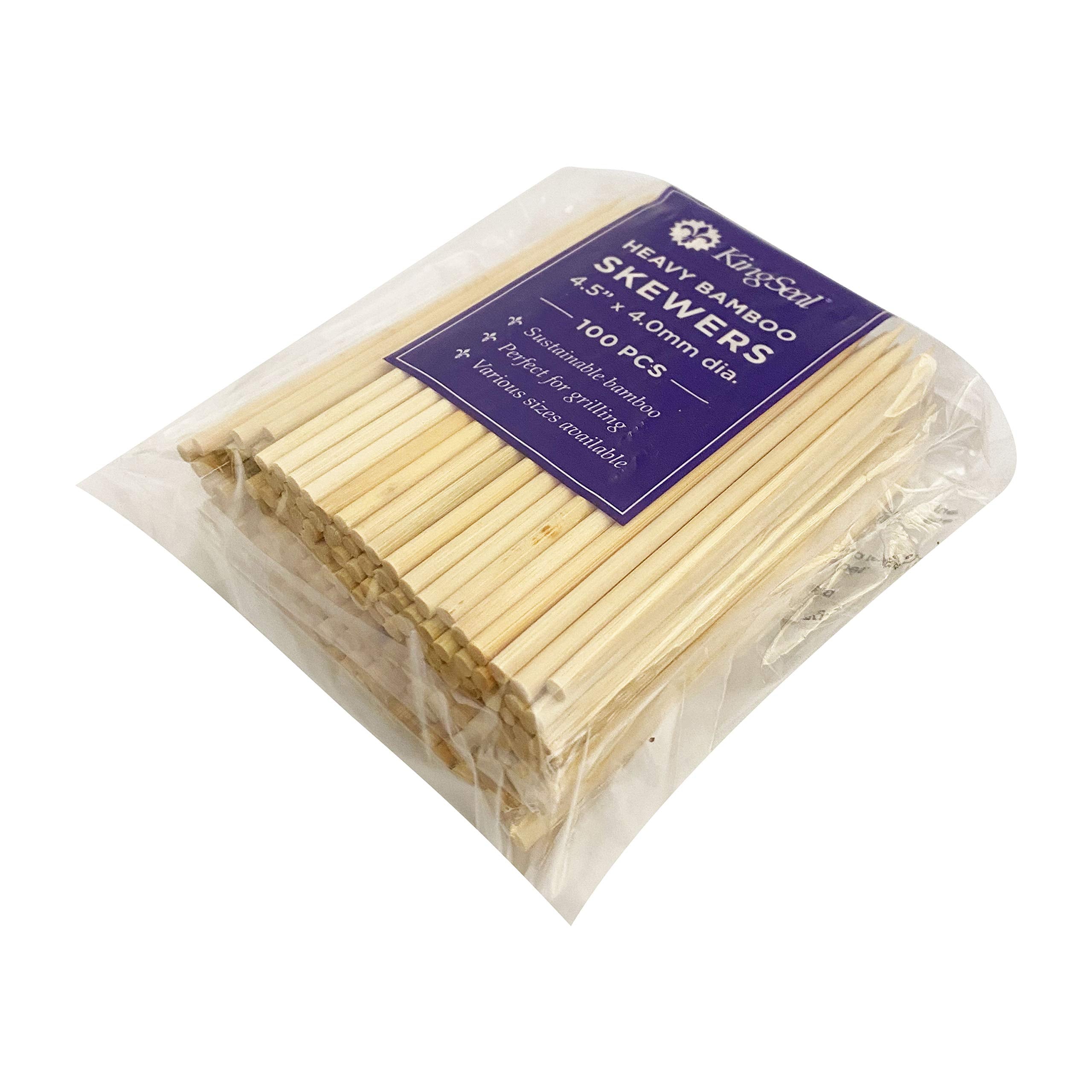 Kingseal Renewable Bamboo Heavy Duty Skewers, Sticks, 4.5 Inches X 3.8 Mm Diameter, Retail Pack - 2 Bags Of 100 Skewers (200 Cou
