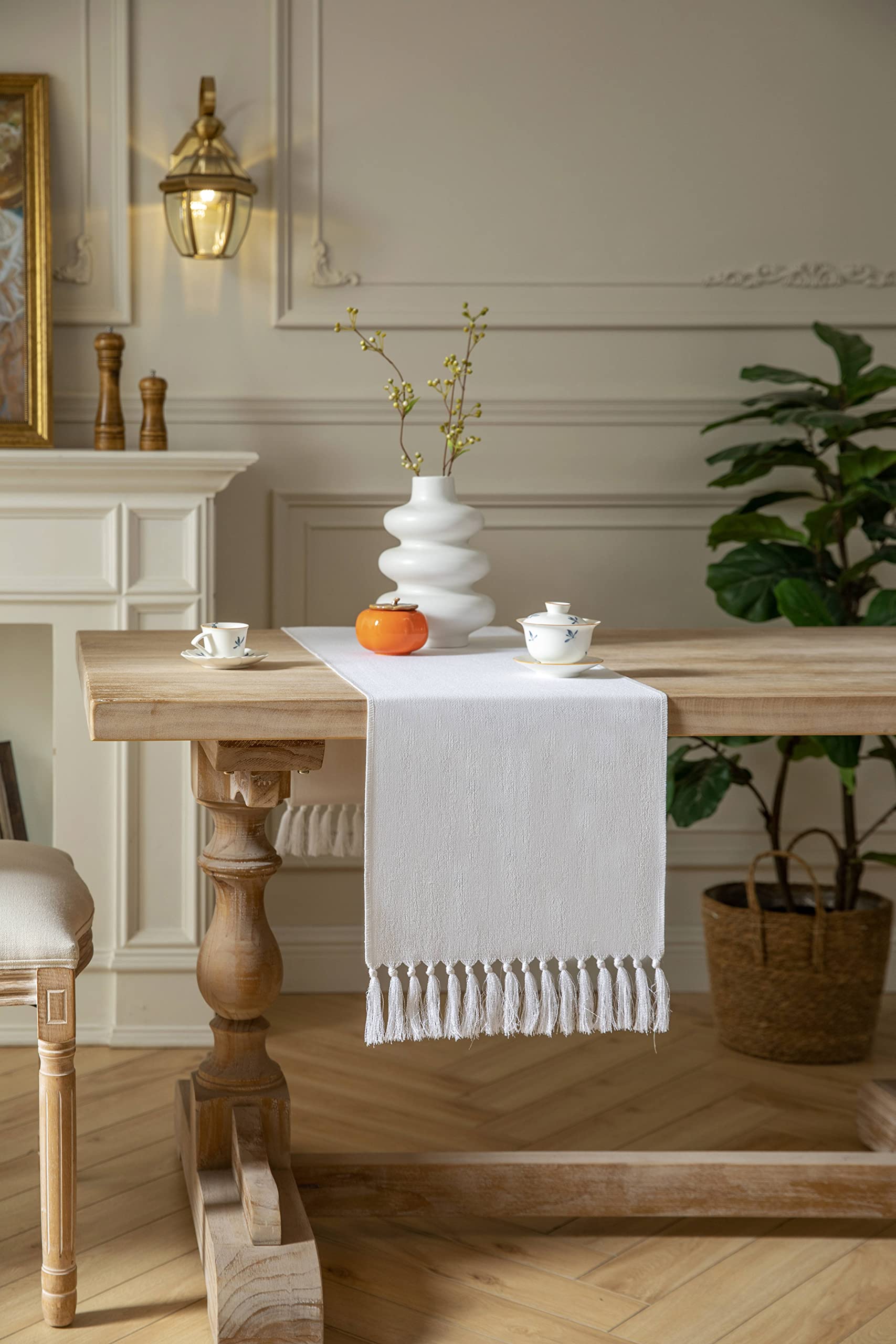 ZeeMart White Table Runners 108 Inches Long  Burlap Linen Style Rustic Farmhouse Table Runner  Long Boho Dining Table Runner  13x108 Inches  White