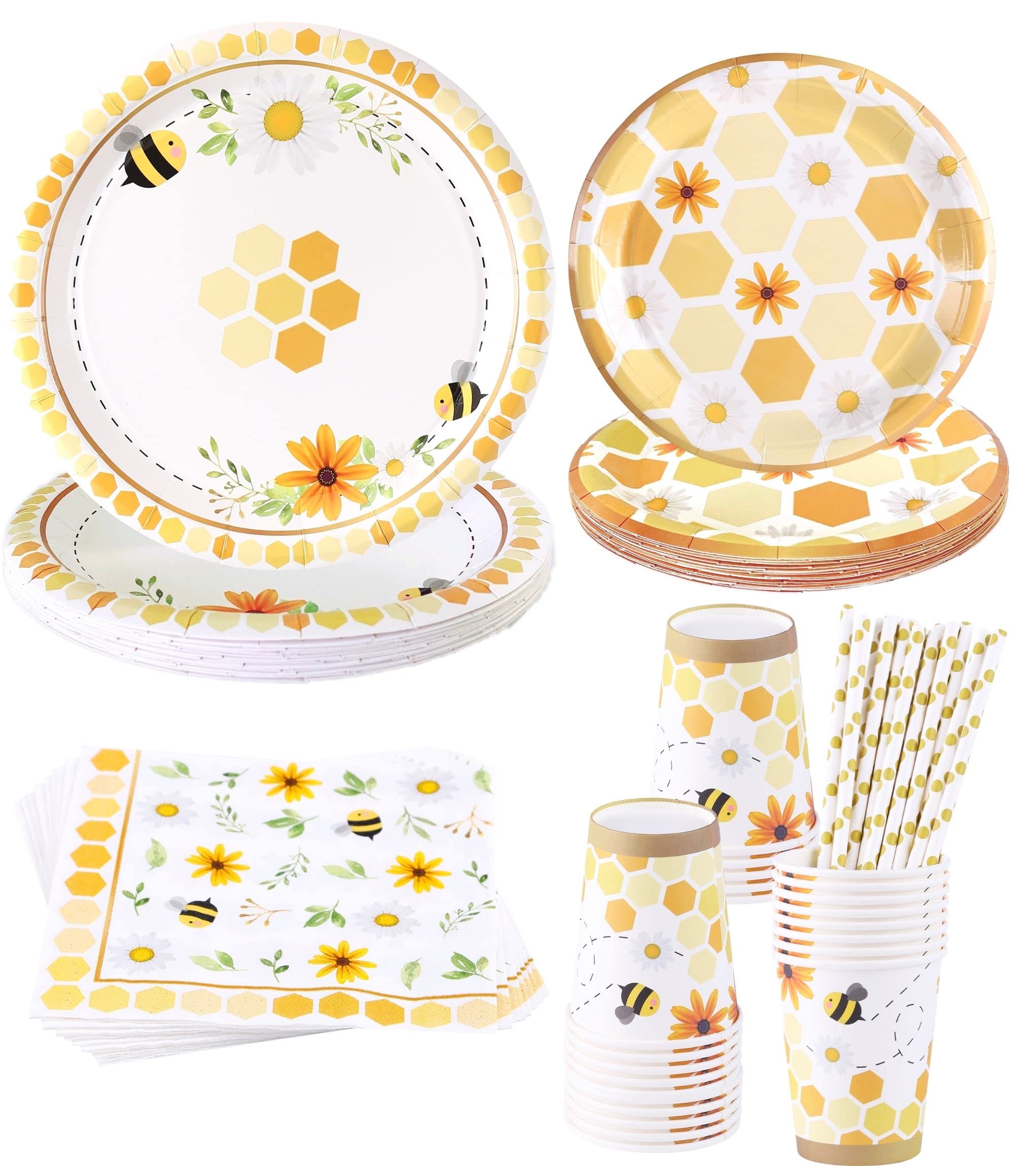 Bee Themed Party Supplies - Serves 16 - Includes Disposable Bee Plates, Cups, Napkins, And Straws Perfect For Bee Decorations, B