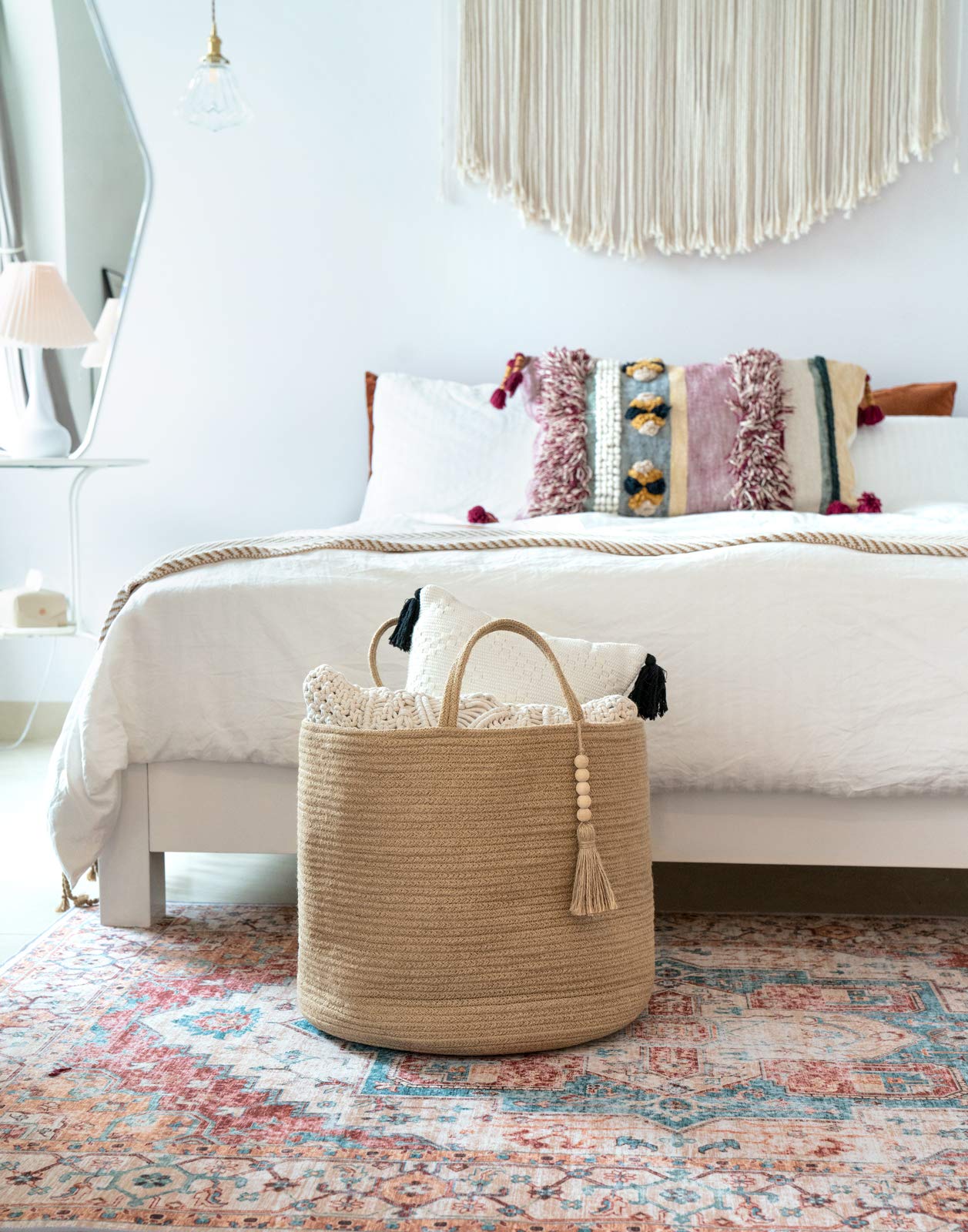 Mkono Woven Storage Basket Decorative Rope Basket Wooden Bead Decoration for Blankets Toys Clothes Shoes Plant Organizer Bin with Handles Living Room Home Decor  Jute  16'' W  13.8''L