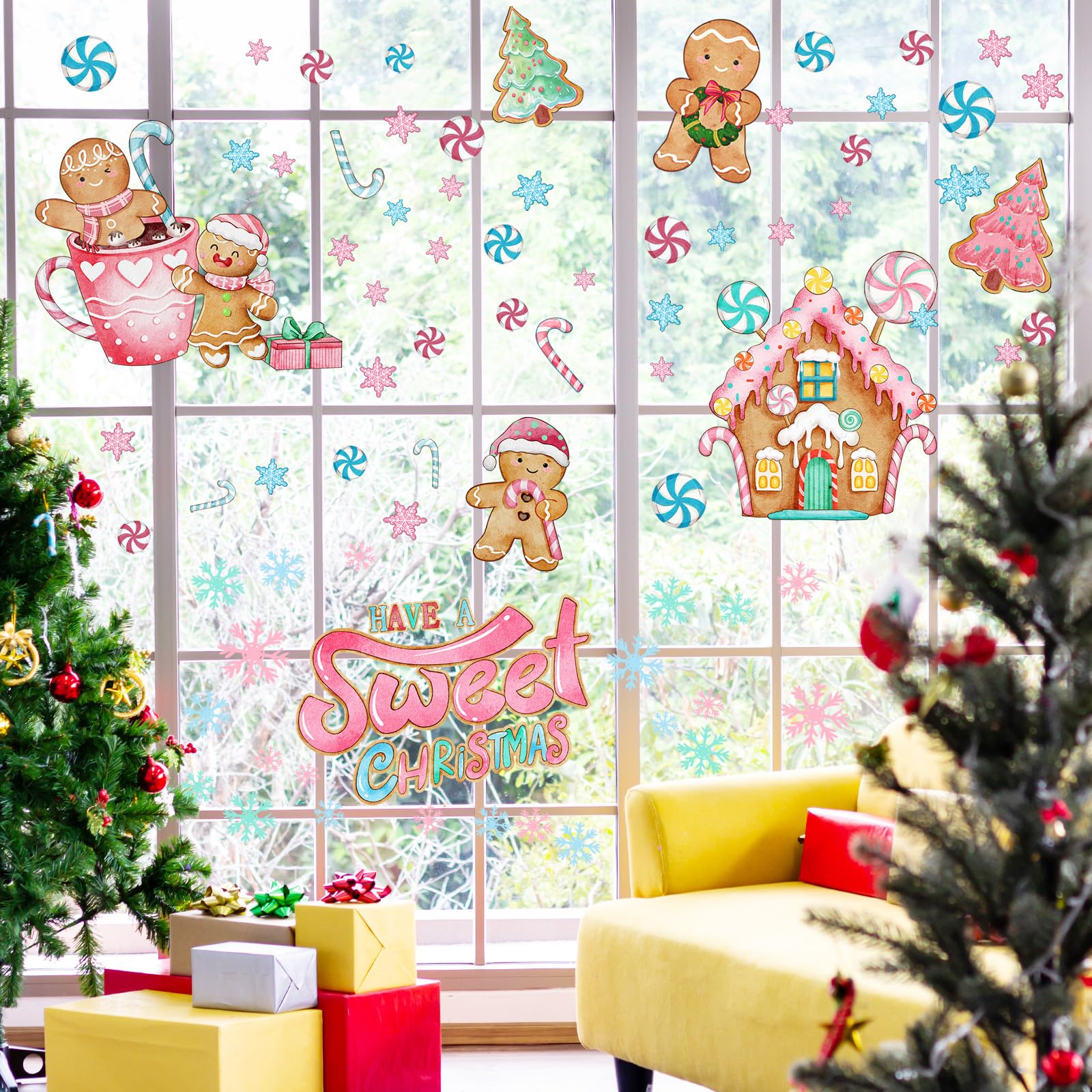 Outus 3 Sheet Christmas Wall Decal Large Pink Gingerbread Wall Decal 23.6 x 11.8 Inch, 23.6 x 17.7 Inch Christmas Window Clings 