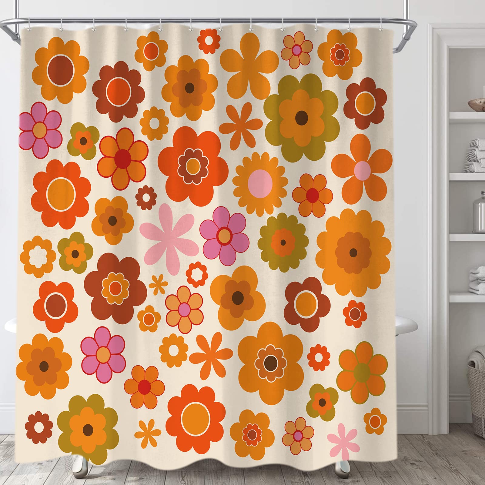 Retro Flowers Shower Curtain, Groovy Brown Orange Sun Flower Vintage 70S Fabric Shower Curtains Set For Bathroom Funky Hippie 19