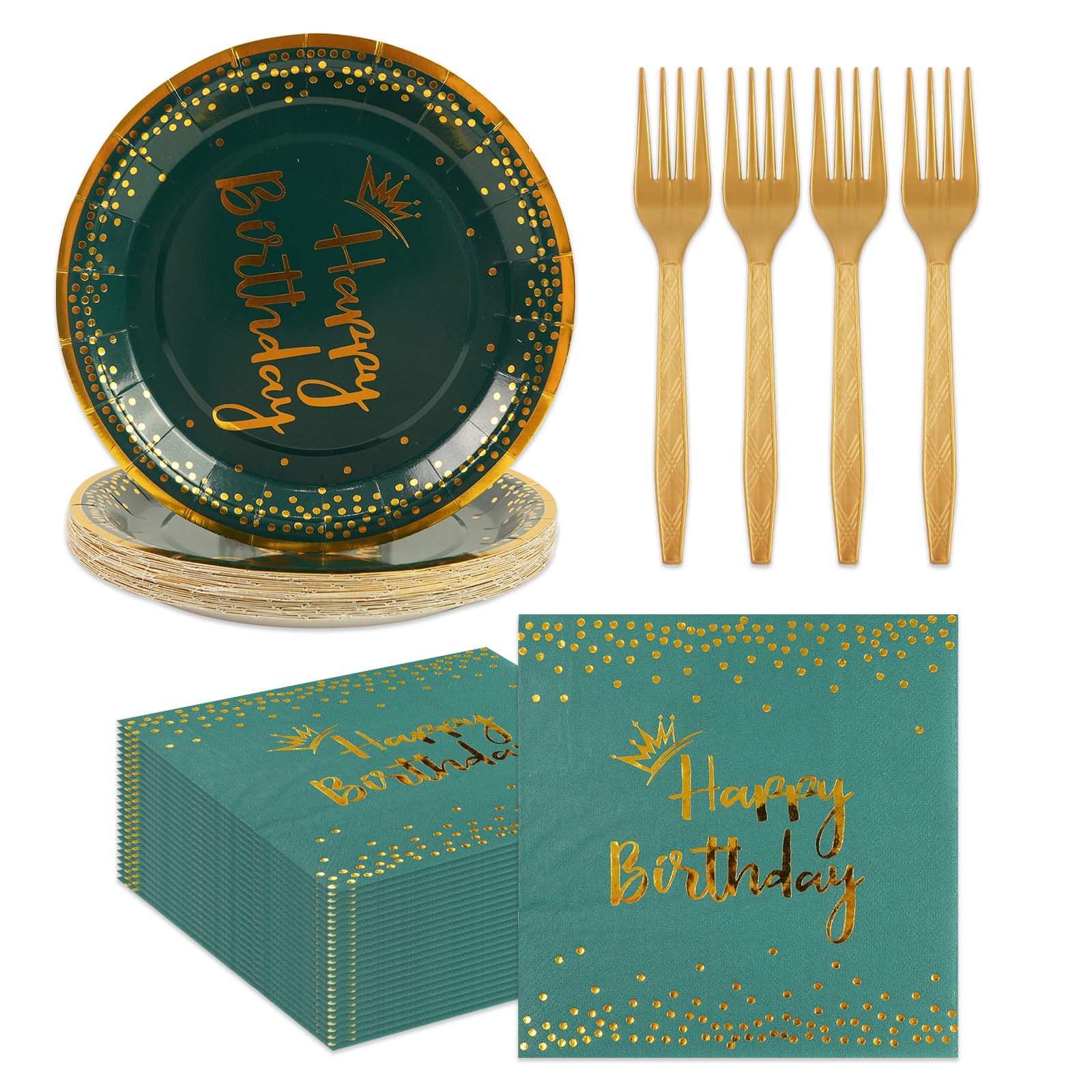 75PCS Happy Birthday Paper Plates Set, Dark Green Gold Crown 7IN Party Plates 6.5Inch Napkins 6.3 Inch Plastic Fork Tableware De