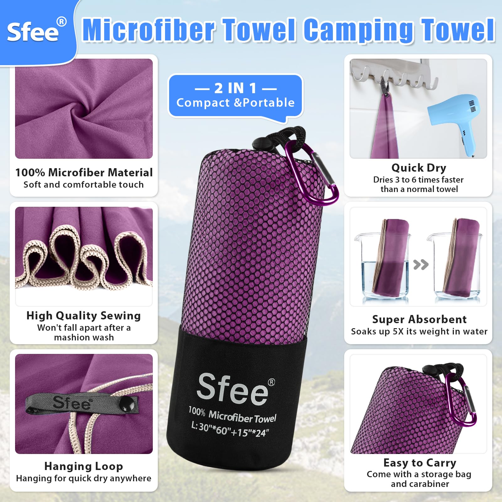 Sfee 2 Pack Microfiber Travel Towel  Quick Dry Towel Camping Towel Large Beach Towel Super Absorbent Compact Lightweight Sports Towel Gym Towel Set for Beach  Gym  Hiking  Pool  Backpacking Bath Yoga