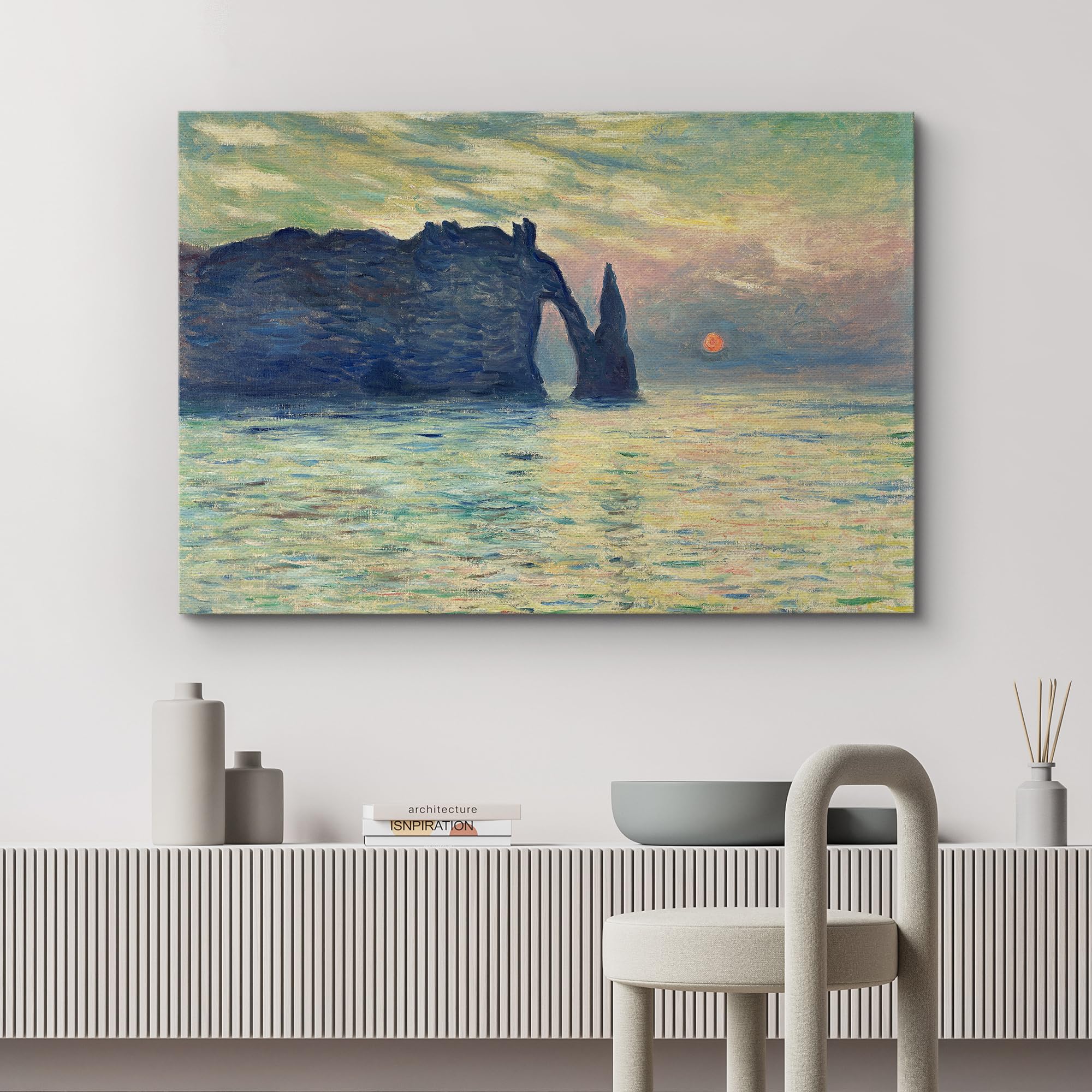 Wall26 The Cliff, Etretat, Sunset By Claude Monet - Canvas Print Wall Art Famous Painting Reproduction - 12'' X 18''