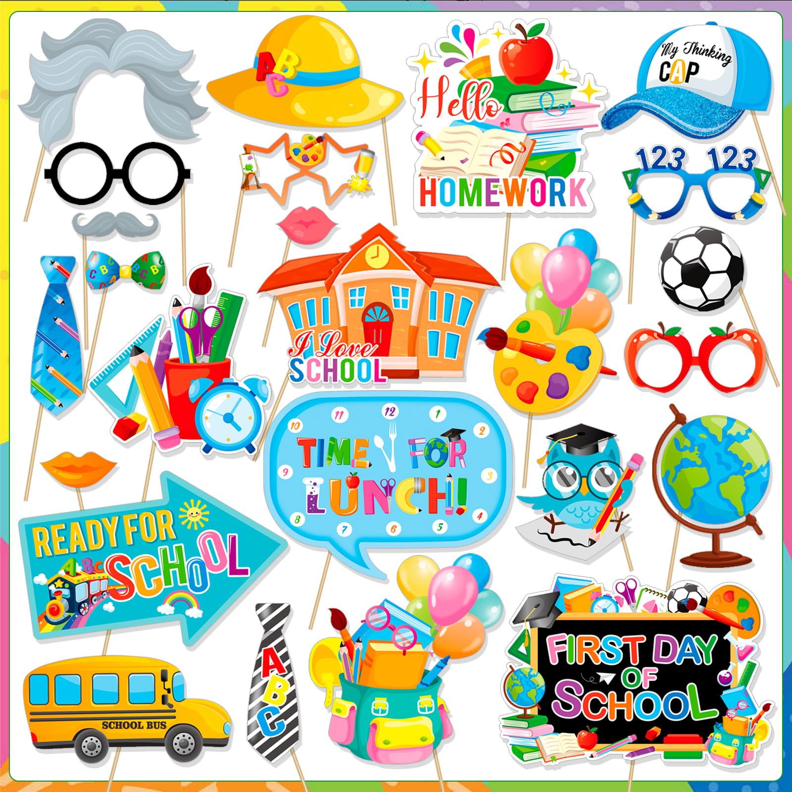 Howaf Back To School Photo Booth Props Kit, 1 Welcome Back School Photo Booth Frame 25Pcs First Day Of School Selfie Props Kit,