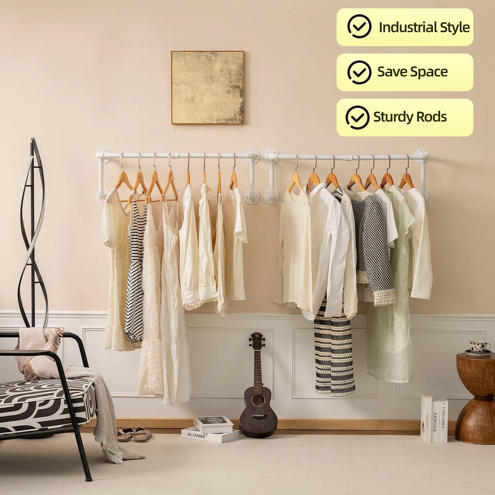 Clothes Racks, Industrial Pipe Clothing Racks For Hanging Clothes, Wall Mounted Heavy Duty Space Saving Garment Racks, Multi-Pur