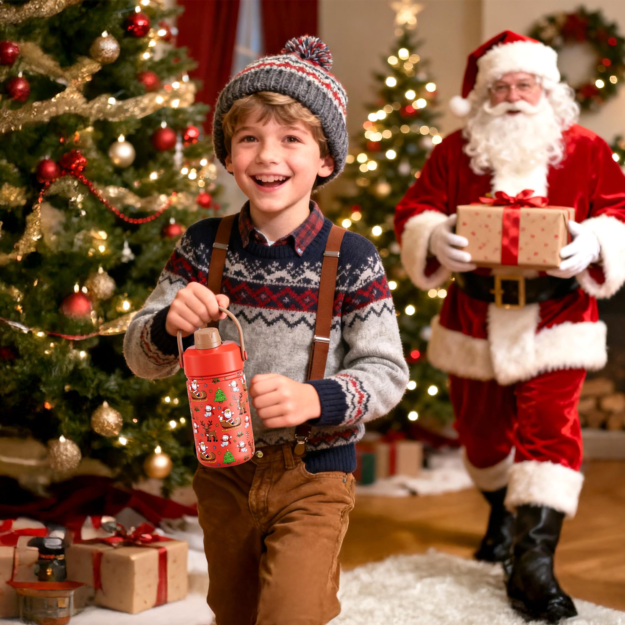 12 oz Christmas Kids Insulated Water Bottle: 2-in-1 Straw Spout Lid, Leakproof, BPA-Free, Stainless Steel Cup with Carrier Bag f