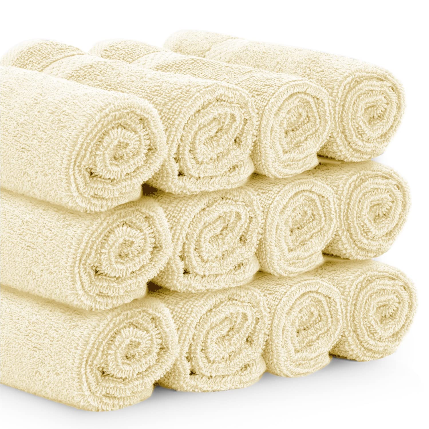 White Classic Luxury Cotton Washcloths - Large Hotel Spa Bathroom Face Towel | 12 Pack | Beige