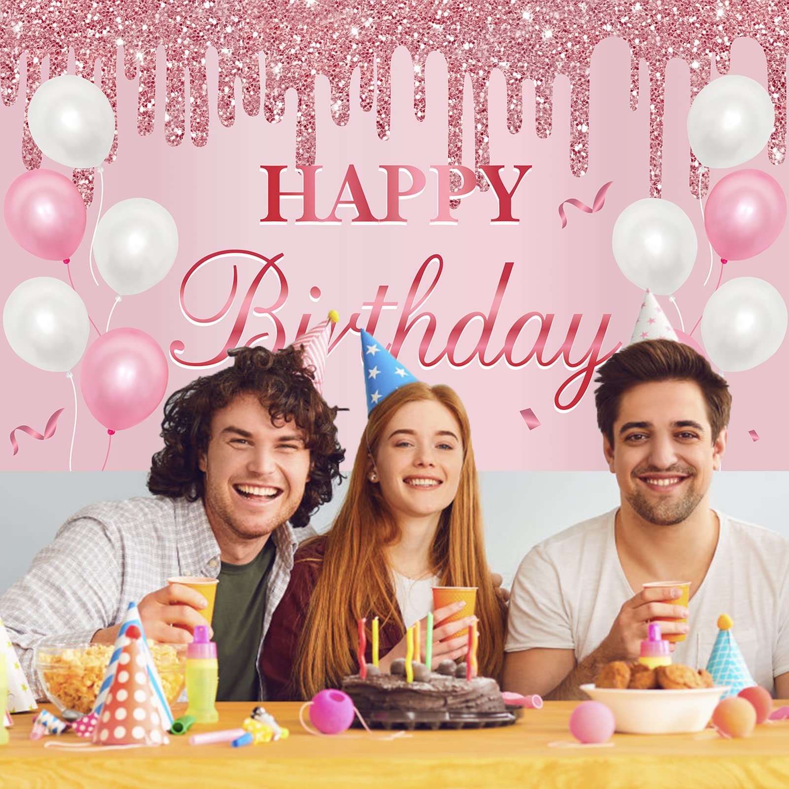 Uiorgui Pink Birthday Banner For Women Girls, Happy Birthday Banner Backdrop Pink Birthday Decorations Sign Party Supplies