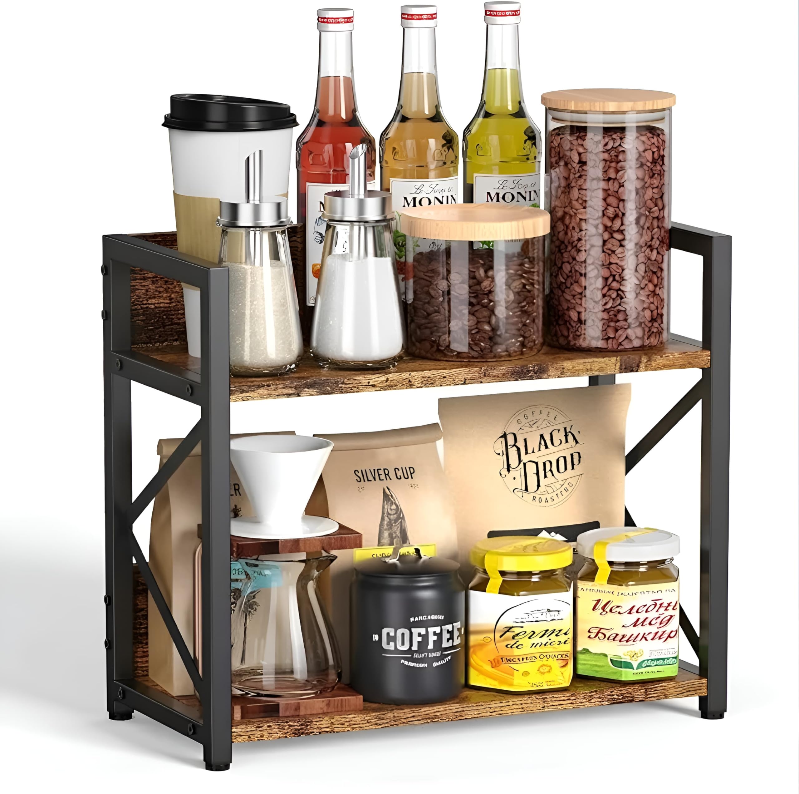 Yookeer Kitchen Organizer Rack, Spice Rack Organizer, 2Tier Spice Rack, Rustic Brown And Black, Metal And Wood, Counter Top Sto