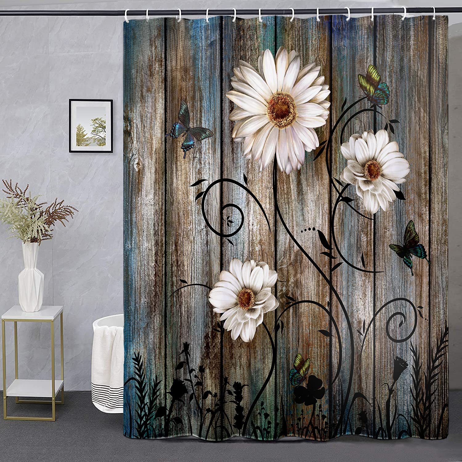 Miffrank Rustic Shower Curtain Set Grey Floral Fabric Bath Curtain 12 Hooks Butterfly Daisy American Country Farm Style 84W
