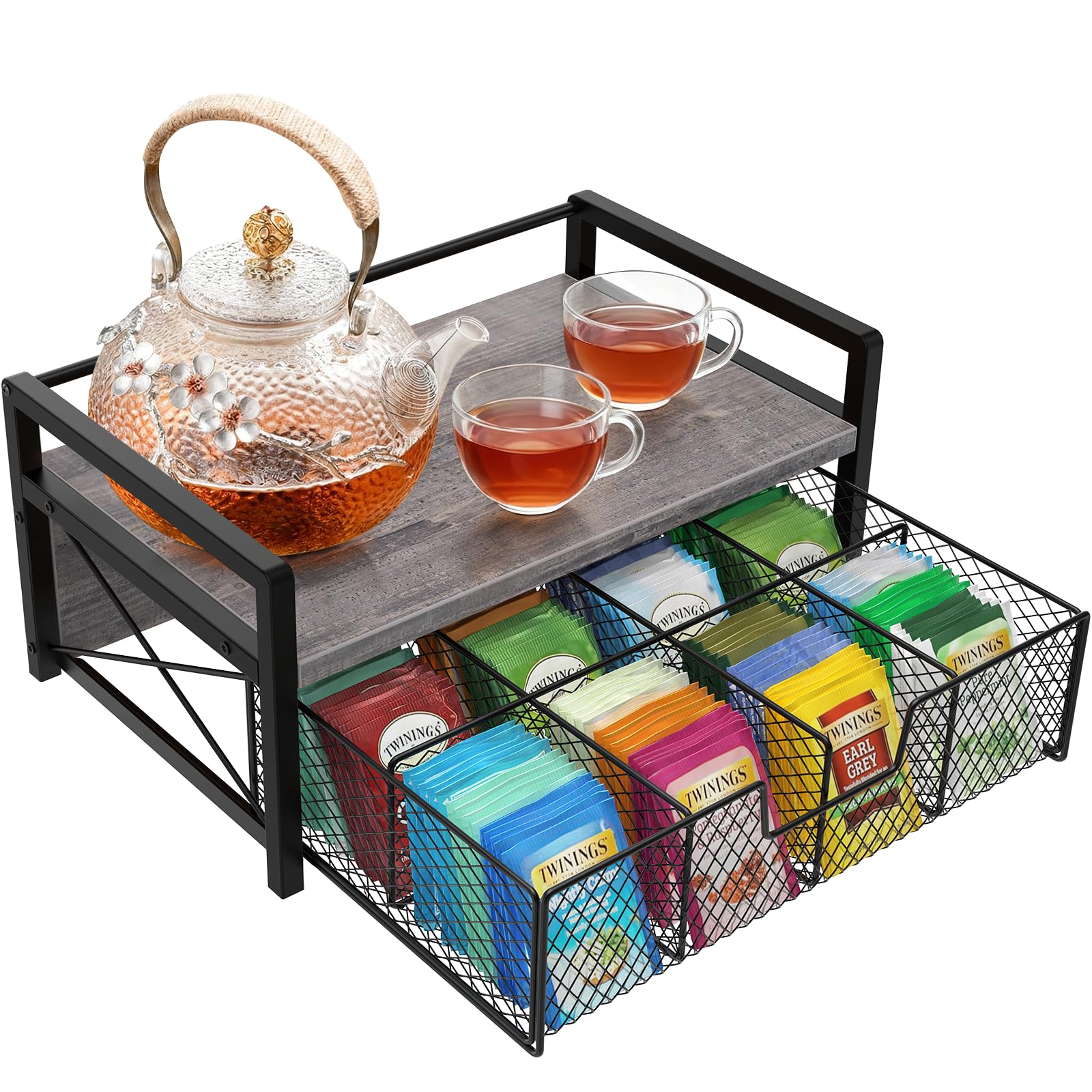 BCOZLUX Tea Organizer with Drawer, Wood Tea Station, Tea Bag Holder, Gray