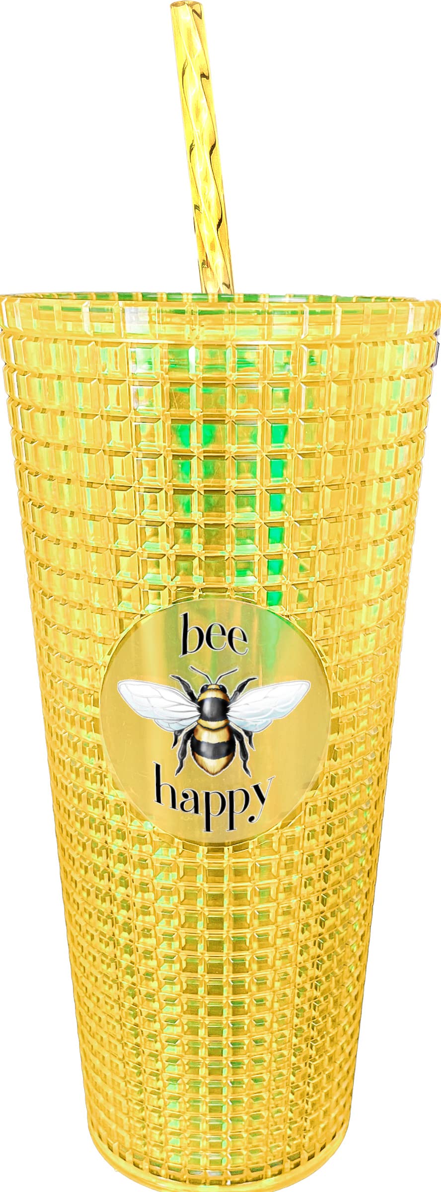 Spoontiques - Diamond Tumbler - Textured Cup with Straw - Double Wall Insulated and BPA Free - 20 oz - Bee Diamond Cup