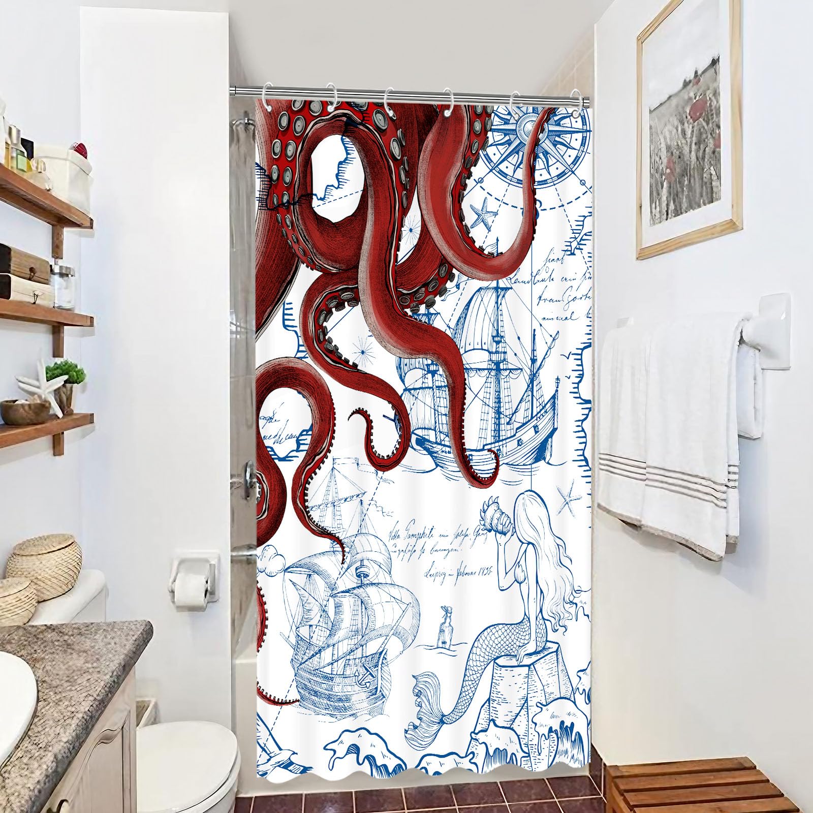 Fungarth Stall Red Nautical Octopus Shower Curtain Navy Blue Mermaid Funny Ocean Kraken Shower Curtains For Bathroom Cool Anchor