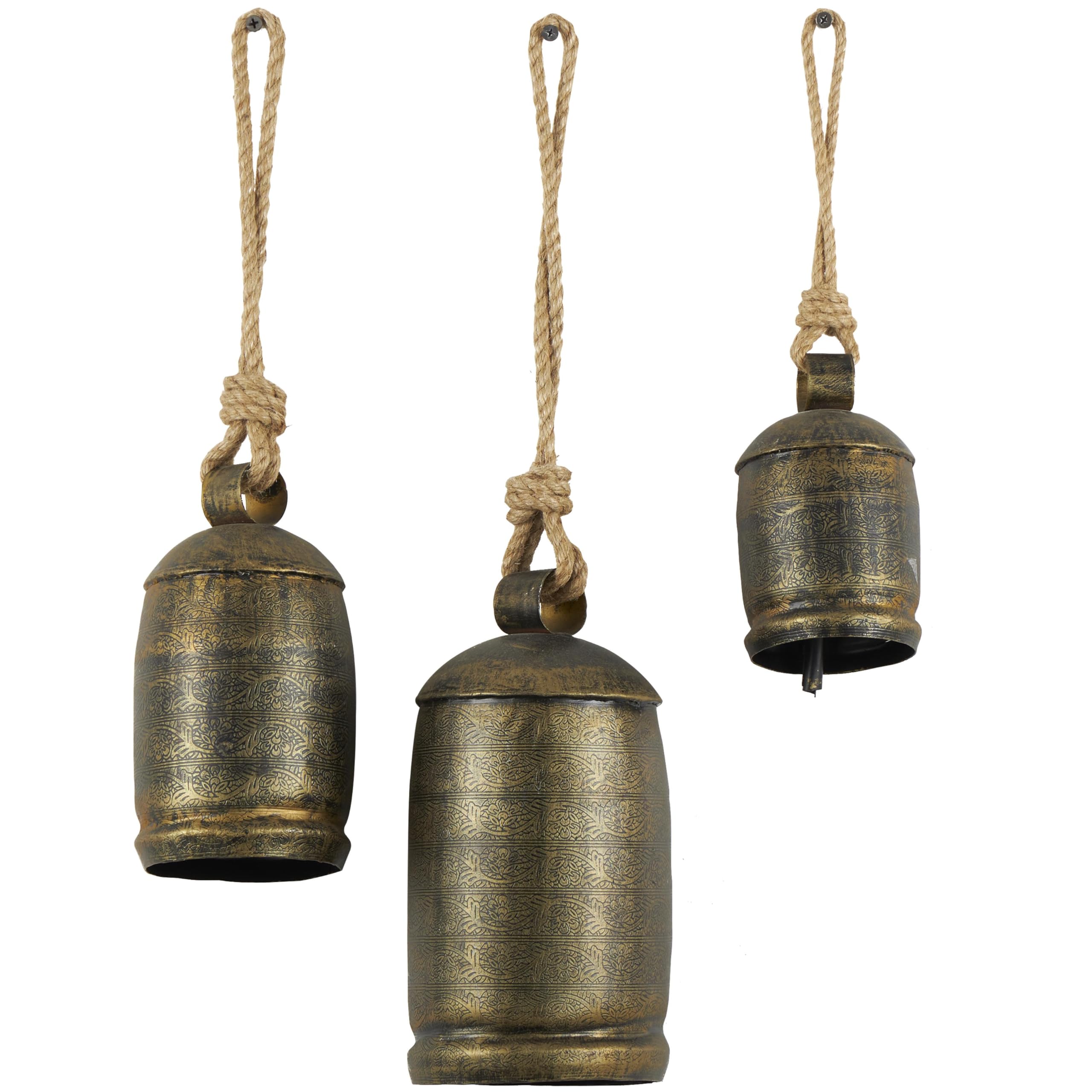 Deco 79 Metal Decorative Cow Bells Tibetan Inspired with Jute Hanging Rope, Set of 3 10,8,6H, Bronze