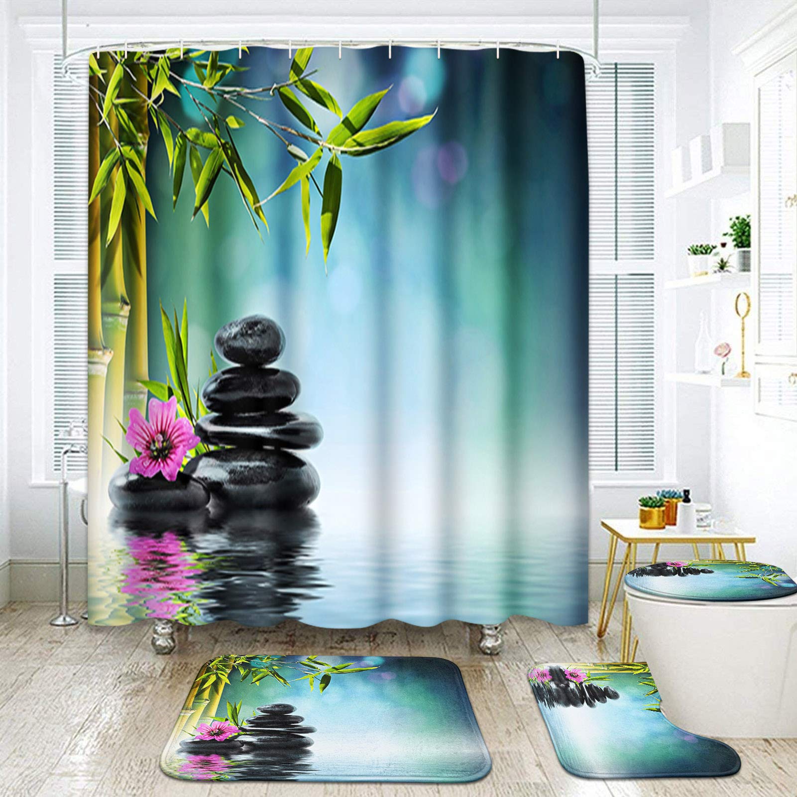 Artsocket 4 Pcs Shower Curtain Set Tower Black Stone Hibiscus Bamboo Water Beautiful Flora With Non-Slip Rugs Toilet Lid Cover A
