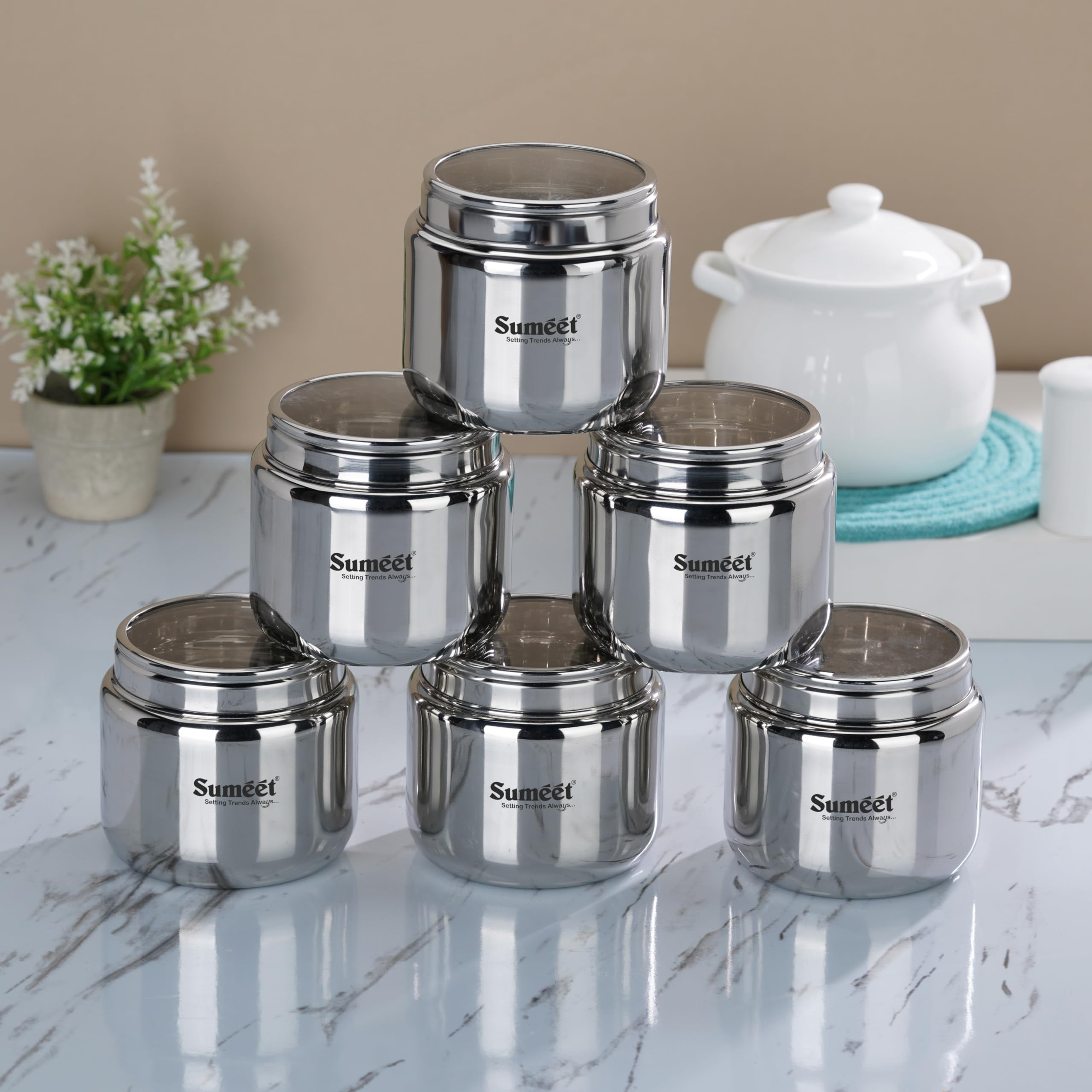 Sumeet Stainless Steel Small Canisters/Dabba/Storage Containers For Kitchen With See Through Lid, Set Of 6 Pcs, 400Ml Each, 9Cm