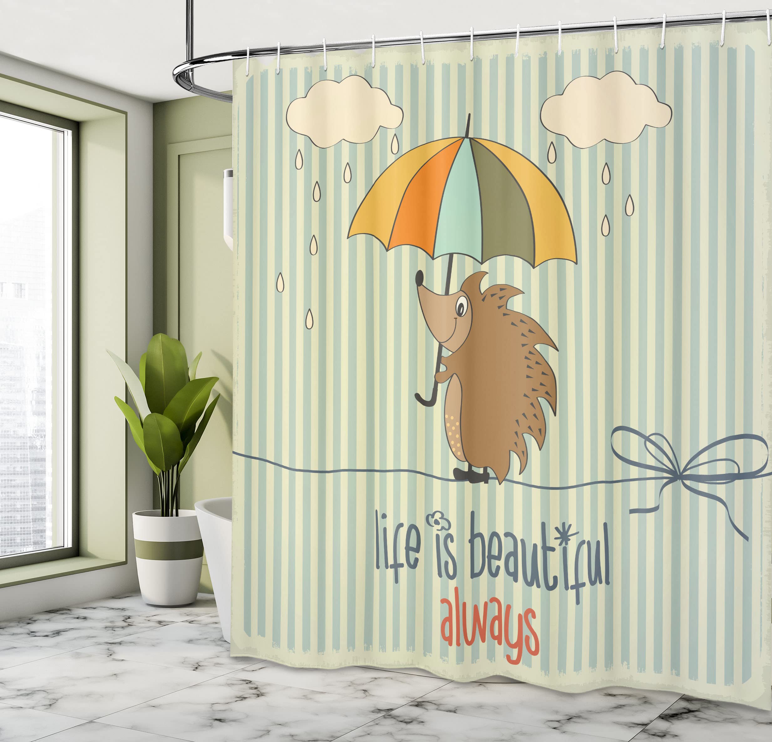 Ambesonne Saying Shower Curtain, Hedgehog With Umbrella Under Rain And Phrase Life Is Always Art Print, Cloth Fabric Bathroom De