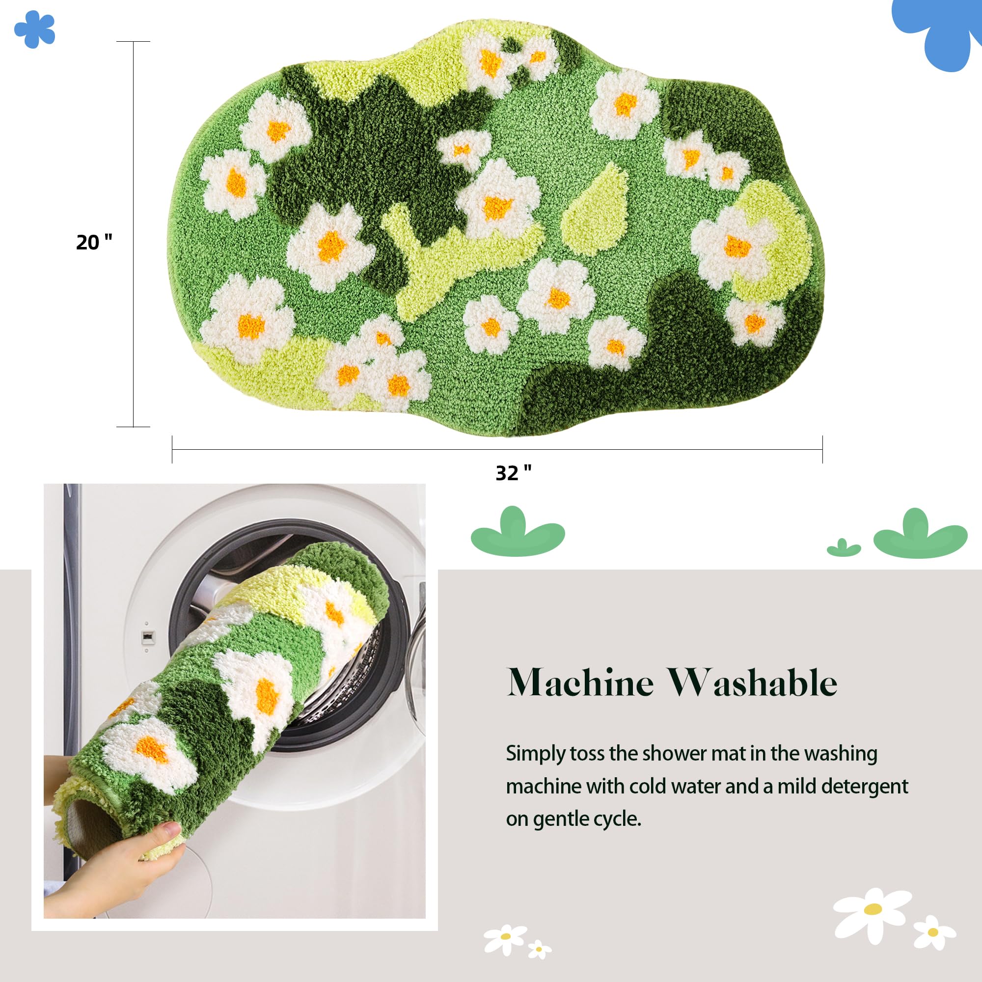 Yikush Bathroom Rugs For Living Room Green Moss Rug Cute Bath Mat With Small Flower Non Slip Bath Mats For Bathroom Floral Washa