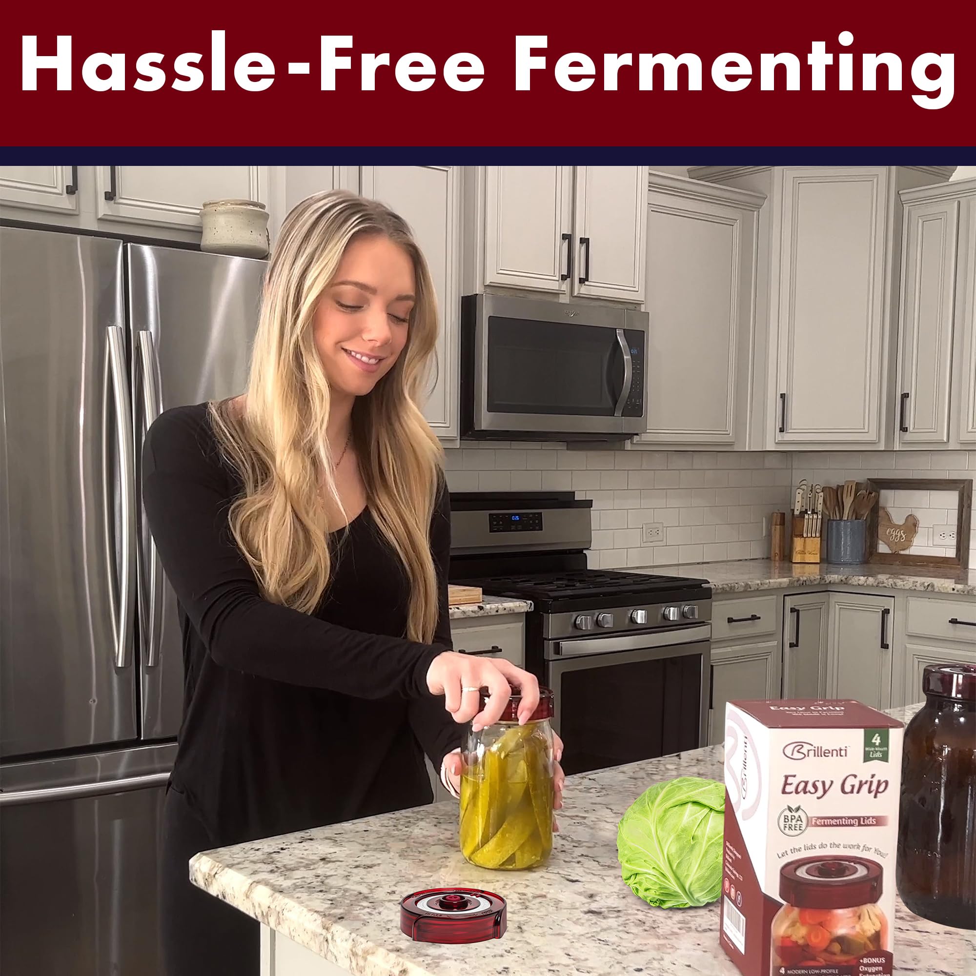 Brillenti Fermenting Lids Kit for Wide Mouth Mason Jars - 4 Waterless Airlock Lids + Pump, Easy Grip, Red, Model 8541956749