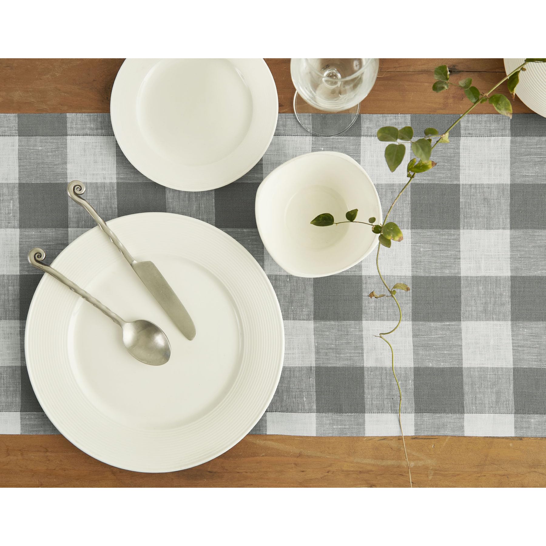 Solino Home Buffalo Check Linen Table Runner 132 Inches Long - 100% Pure Linen Grey And White Plaid Table Runner 14 X 132 Inch I