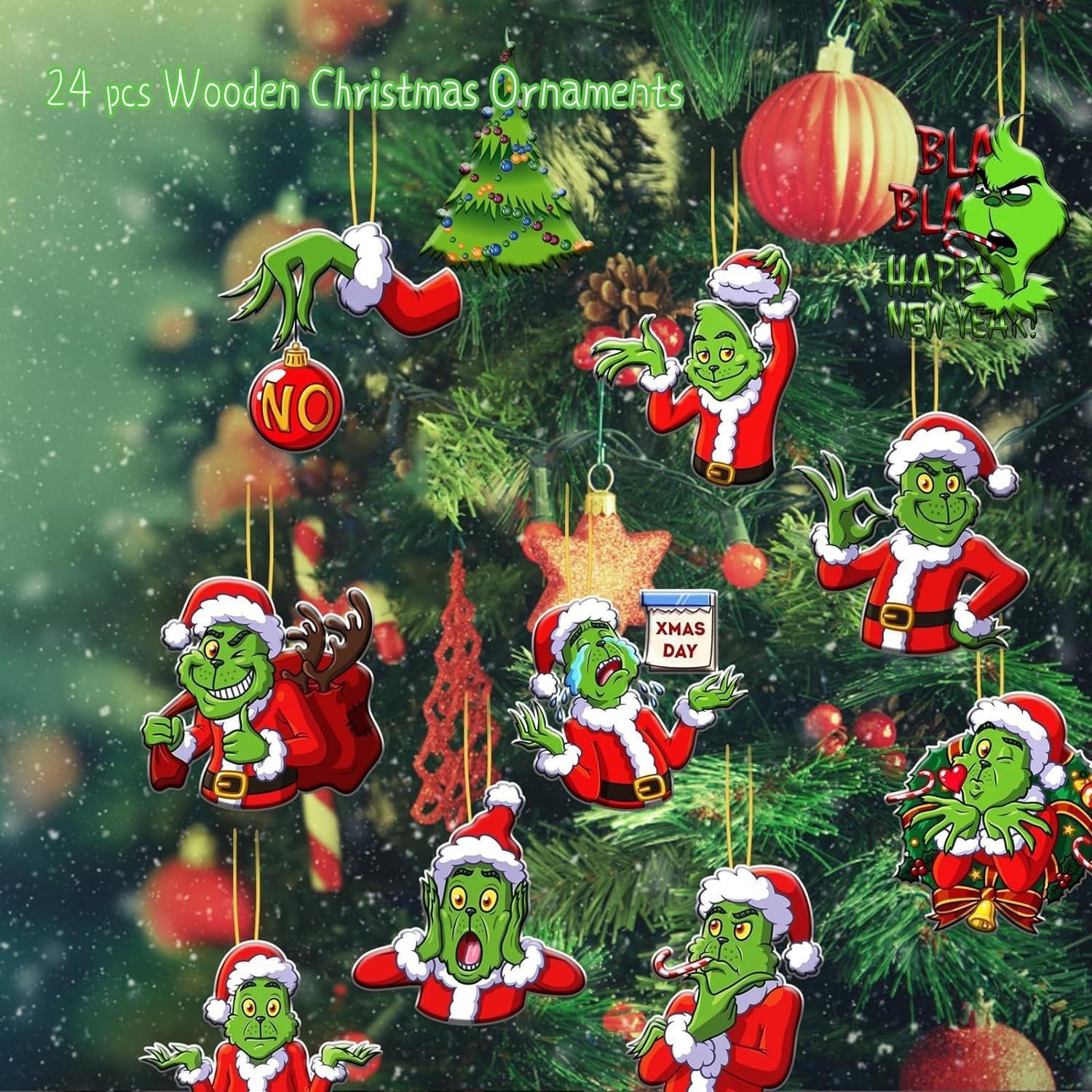 Grinch Christmas Ornaments for Christmas Tree Decorations 24 pcs Green Monster Wooden Hanging Ornament for Home Xmas Holiday Par
