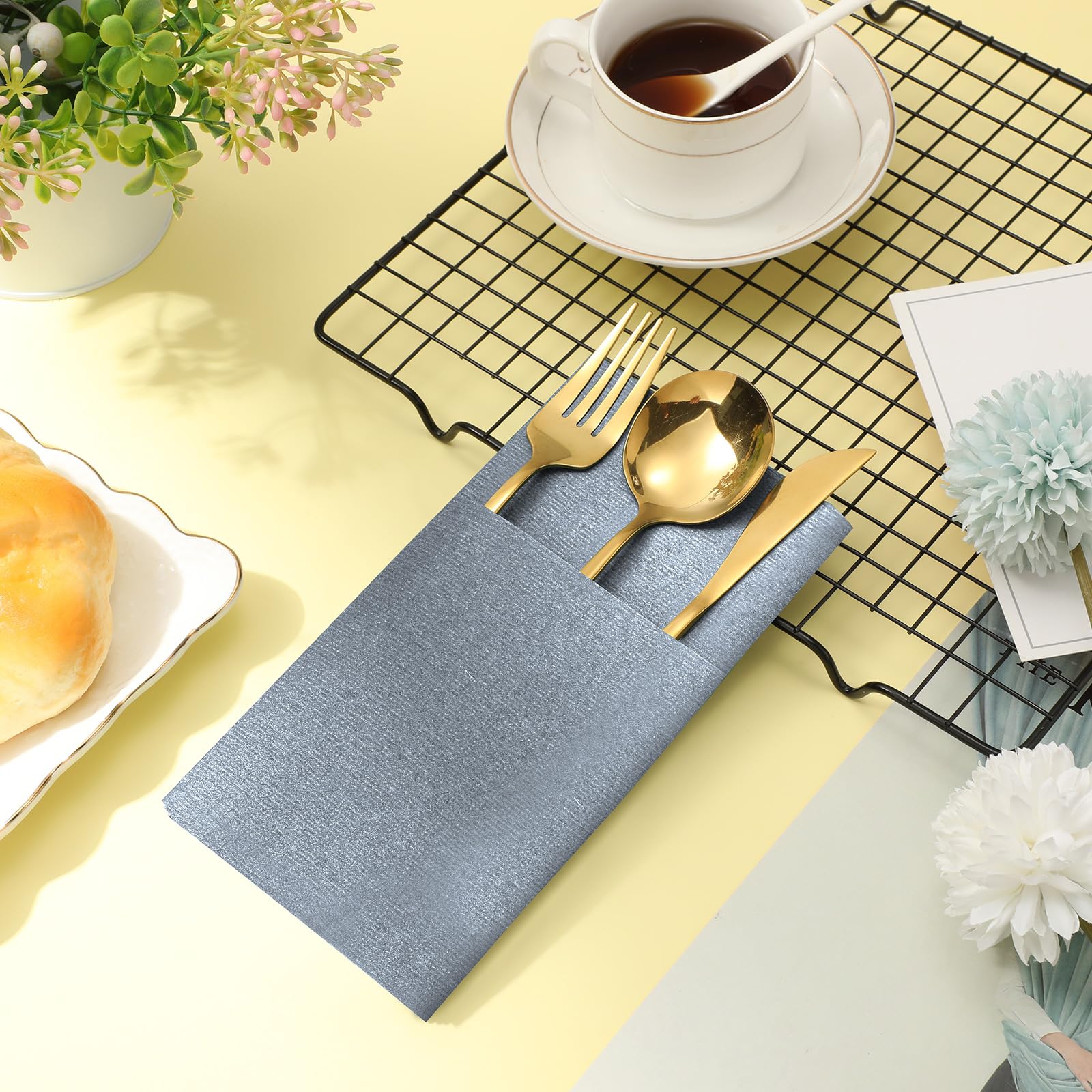 Qilery Linen Feel Napkins, Disposable Airlaid Paper Napkins Prefolded Dinner Napkins With Built In Flatware Pocket For Silverwar